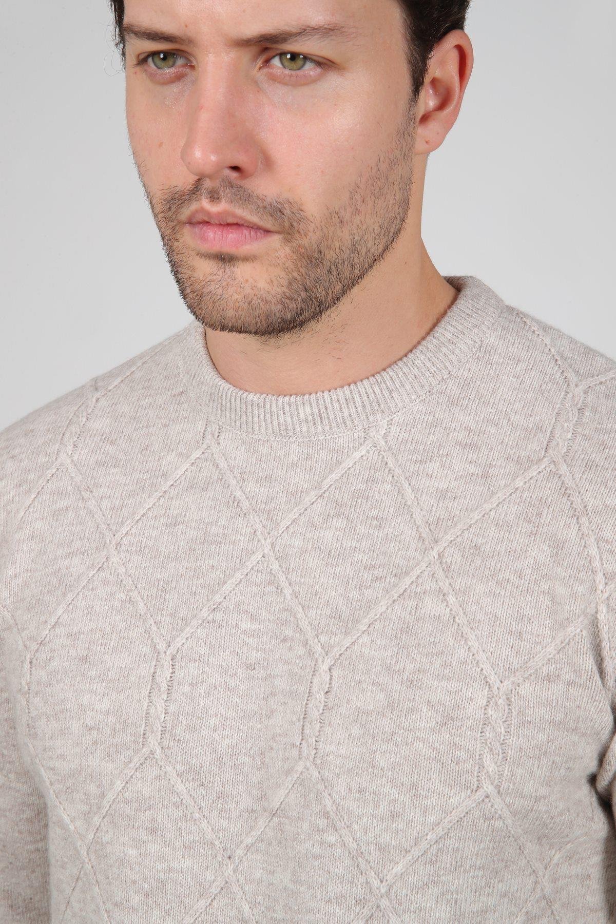 Ferraro A.Bej Bisiklet Yaka Kabartmalı Petek Desenli Uzun Kollu %100 Kuzu Yünü Erkek Triko Kazak