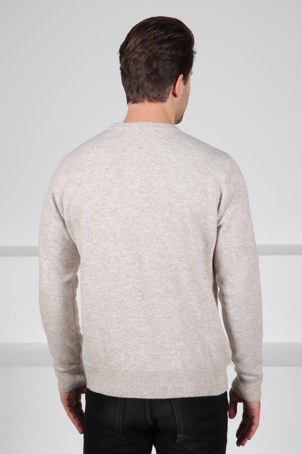 Ferraro A.Bej Bisiklet Yaka Kabartmalı Petek Desenli Uzun Kollu %100 Kuzu Yünü Erkek Triko Kazak