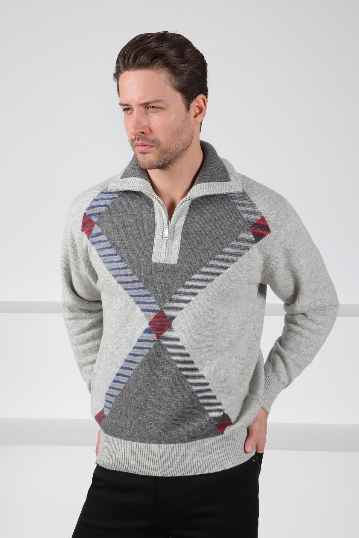 Ferraro A.Gri Balıkçı Yaka Fermuarlı Geometrik Desenli Uzun Kollu %100 Kuzu Yünü Erkek Triko Kazak