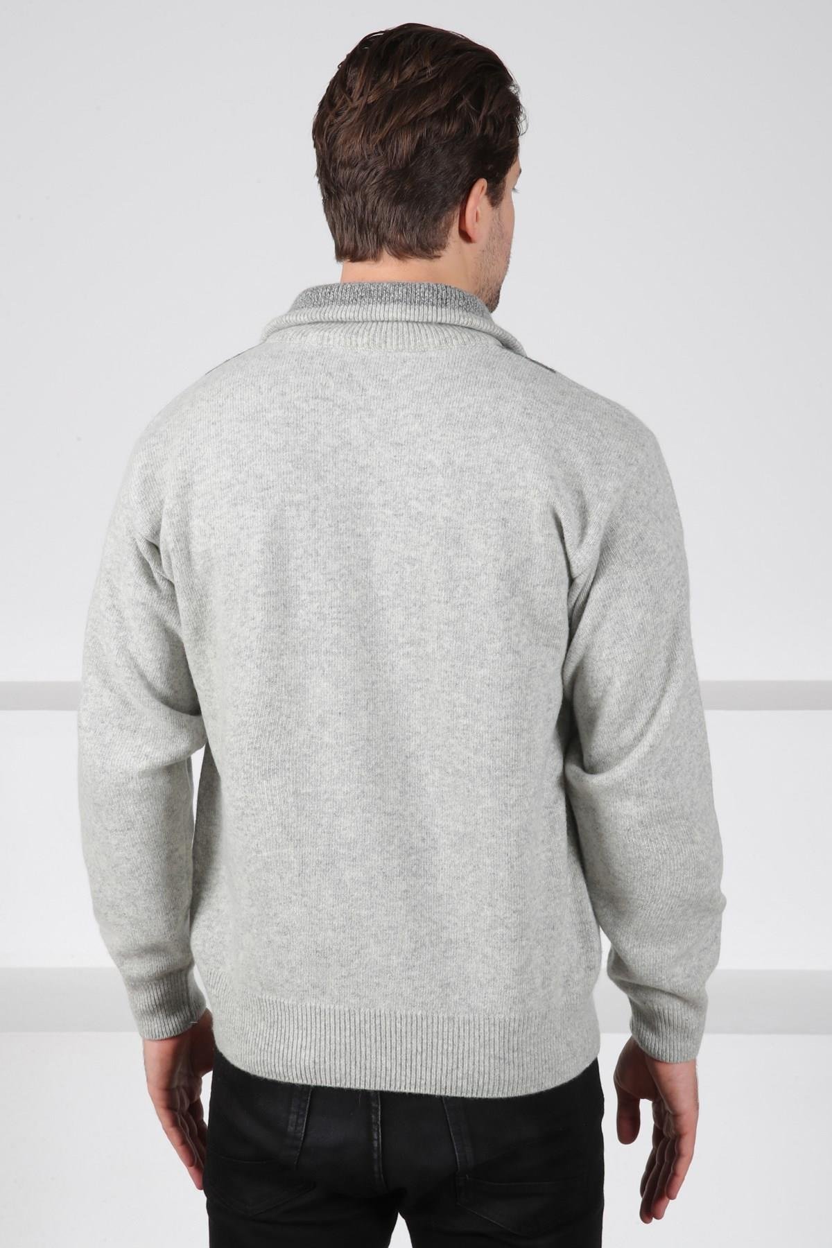 Ferraro A.Gri/Füme Balıkçı Yaka Fermuarlı Geometrik Zigzag Desenli Uzun Kollu %100 Kuzu Yünü Erkek Triko Kazak