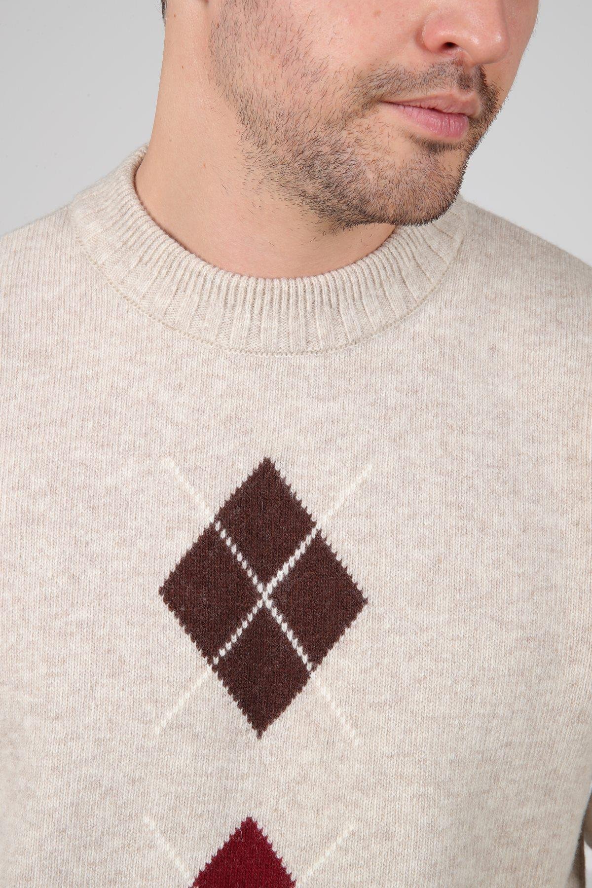 Ferraro A.Bej/Kahve Bisiklet Yaka Kahve Bordo Desenli Uzun Kollu %100 Kuzu Yünü Erkek Triko Kazak