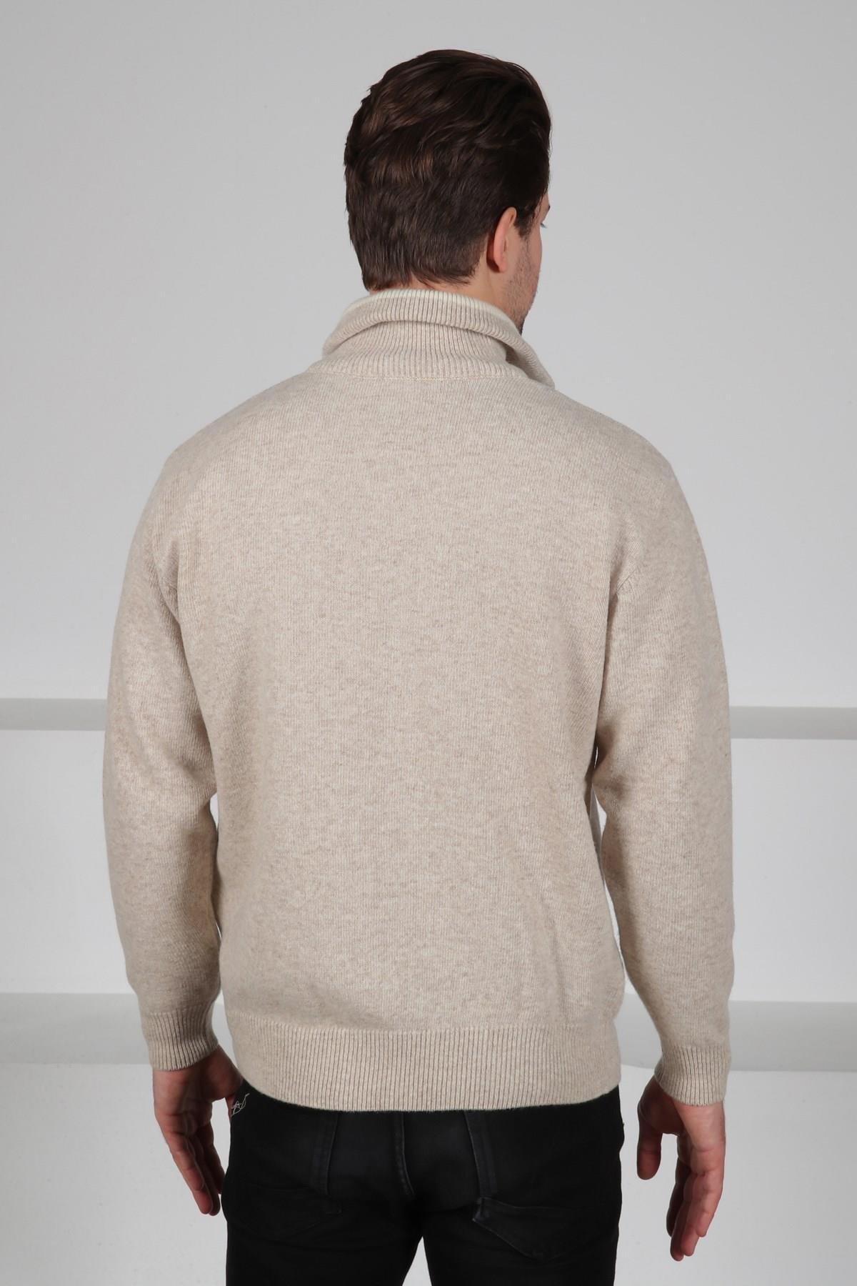 Ferraro A.Bej Balıkçı Yaka Fermuarlı Geometrik Desenli Uzun Kollu %100 Kuzu Yünü Erkek Triko Kazak