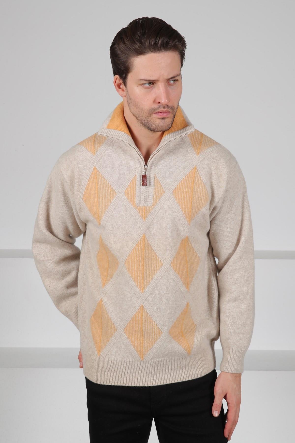 Ferraro A.Bej/Hardal Balıkçı Yaka Fermuarlı Baklava Desenli Uzun Kollu %100 Kuzu Yünü Erkek Triko Kazak