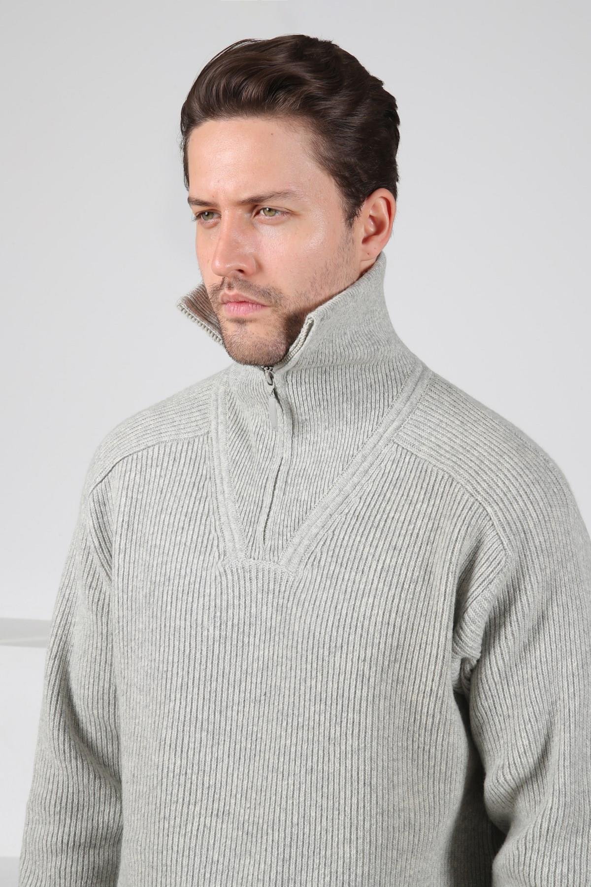 Ferraro A.Gri Balıkçı Yaka Fermuarlı Fitilli Uzun Kollu %100 Kuzu Yünü Erkek Triko Kazak