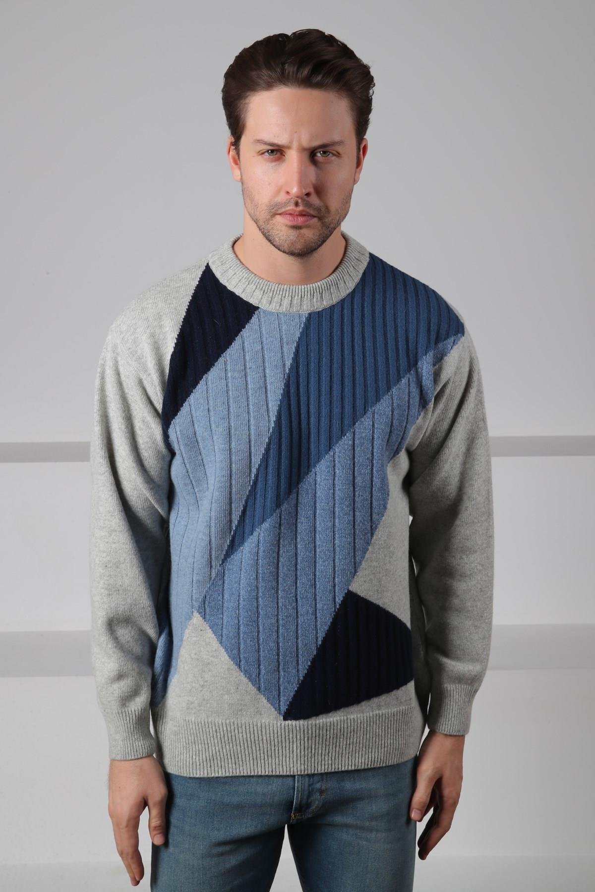 Ferraro A.Gri/Havacı Bisiklet Yaka Havacı ve İndigo Detaylı Uzun Kollu %100 Kuzu Yünü Erkek Triko Kazak