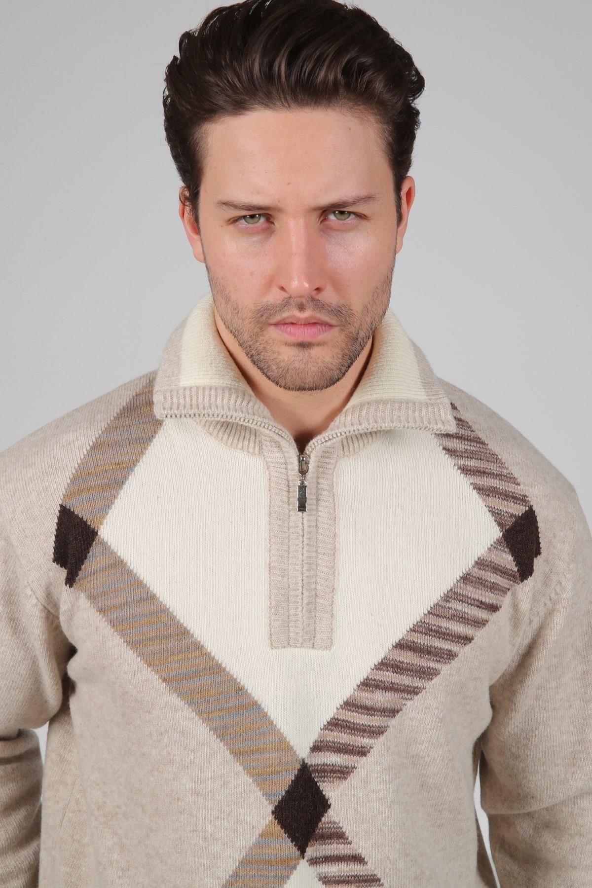 Ferraro A.Bej Balıkçı Yaka Fermuarlı Geometrik Desenli Uzun Kollu %100 Kuzu Yünü Erkek Triko Kazak