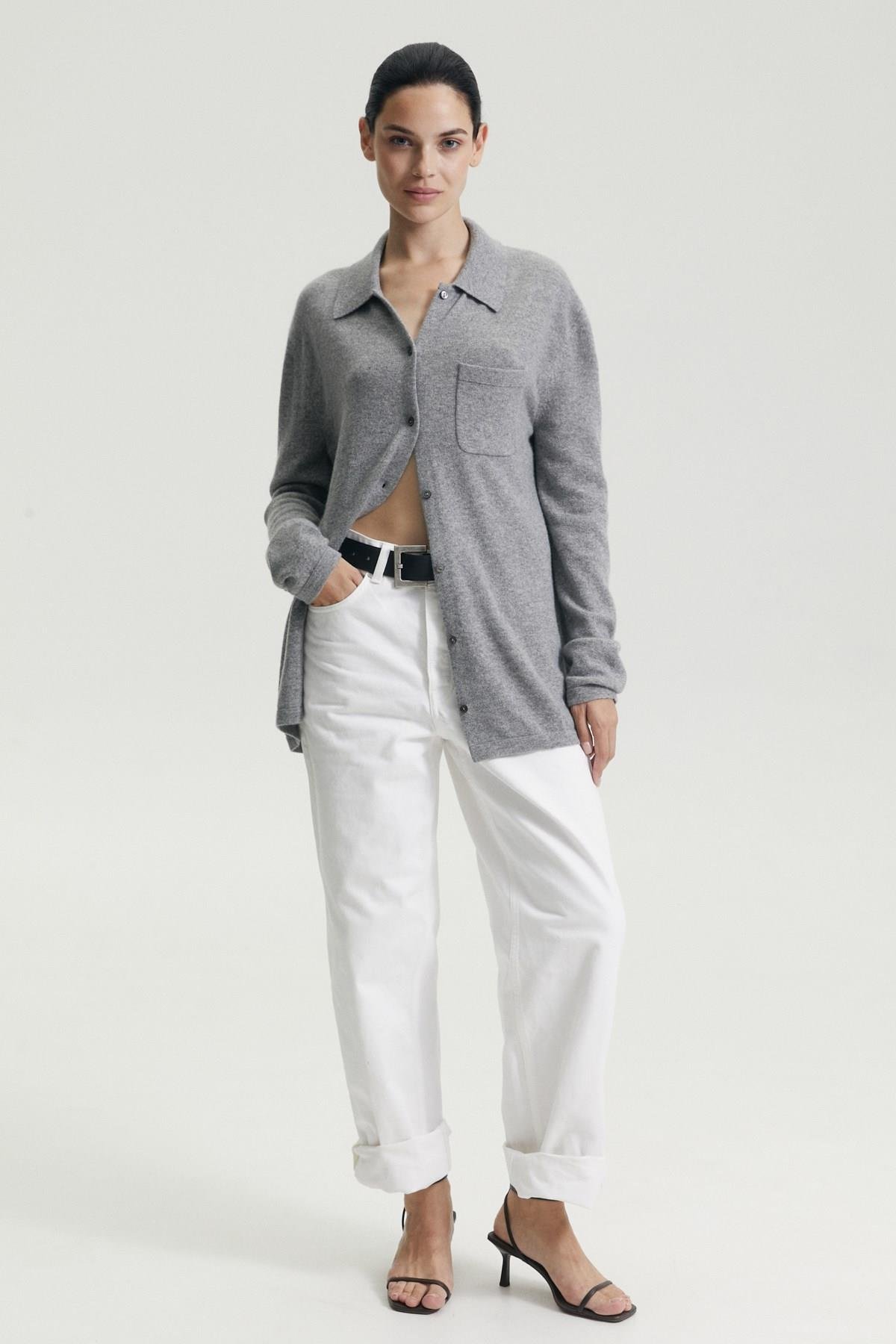 Ferraro A.Gri %100 Cashmere Gömlek Yaka Düğmeli Kadın Triko Ceket