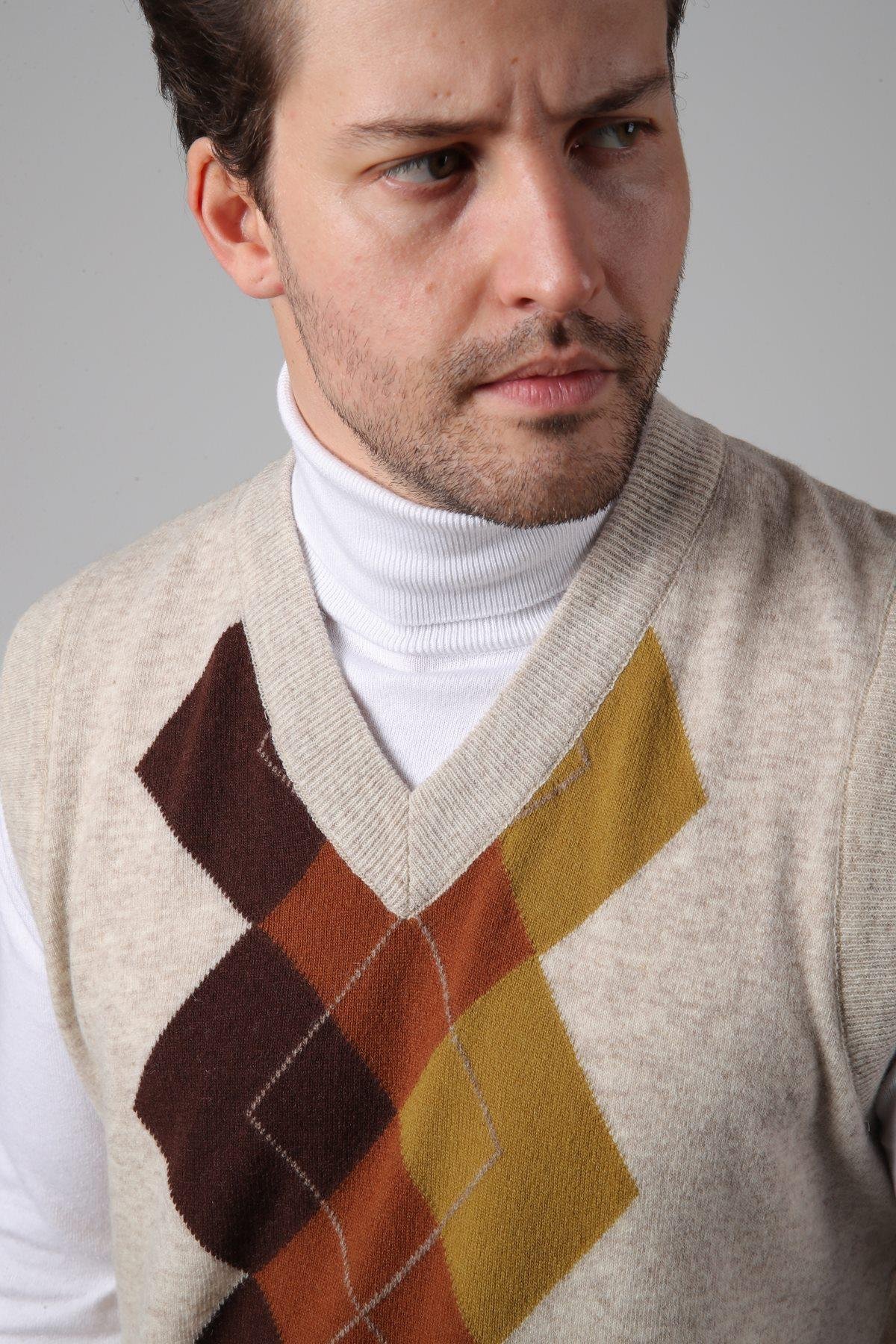 Ferraro A.Bej/Kahve V Yaka Diyagonal Desenli Uzun Kollu %100 Kuzu Yünü Erkek Triko Süveter