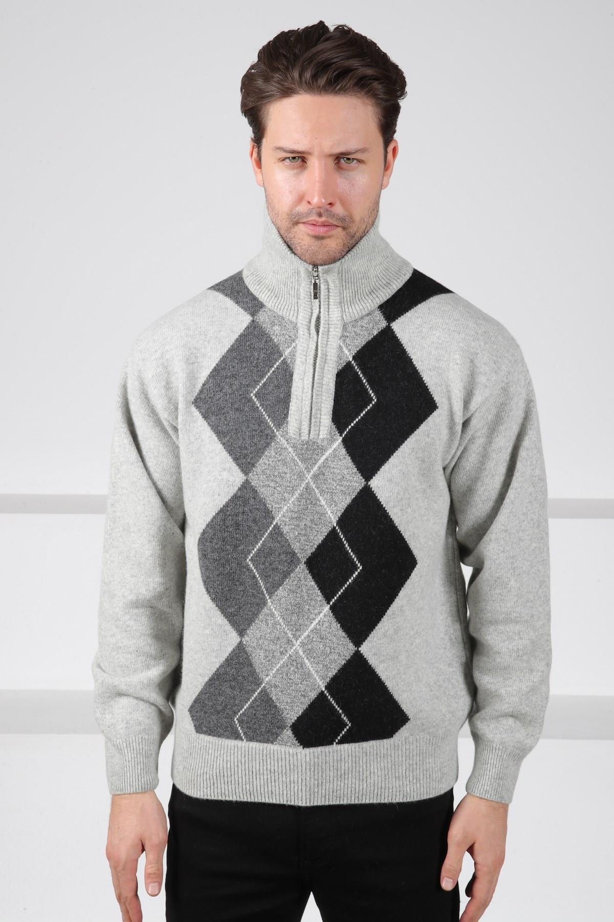 Ferraro A.Gri/Füme Balıkçı Yaka Fermuarlı Geometrik Zigzag Desenli Uzun Kollu %100 Kuzu Yünü Erkek Triko Kazak