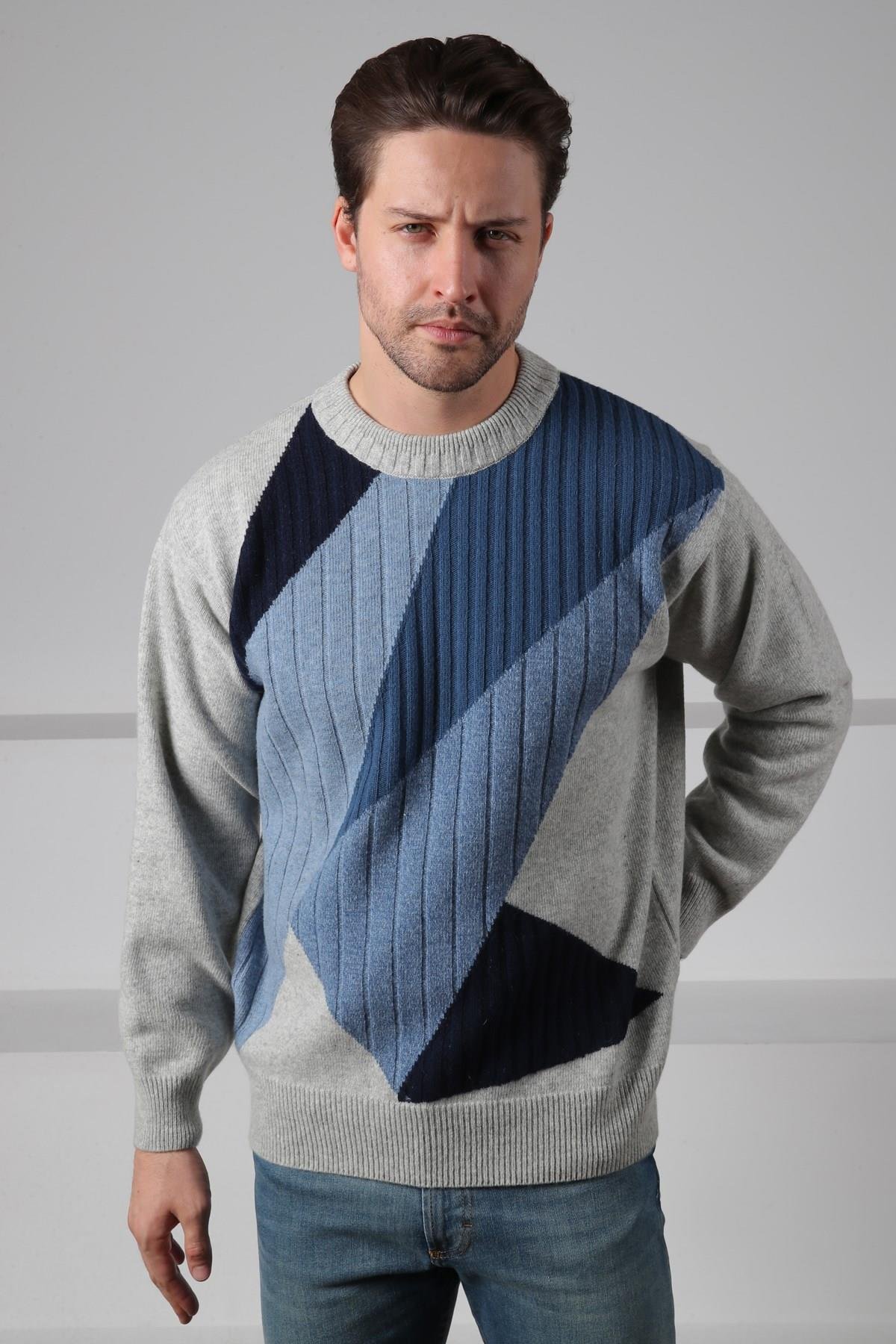 Ferraro A.Gri/Havacı Bisiklet Yaka Havacı ve İndigo Detaylı Uzun Kollu %100 Kuzu Yünü Erkek Triko Kazak