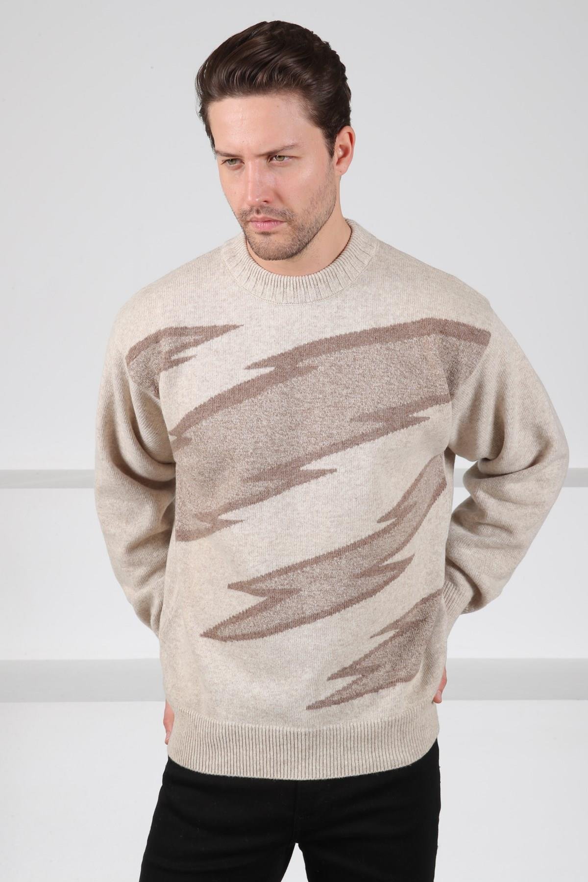 Ferraro A.Bej/Kahve Bisiklet Yaka Renk Bloklu Uzun Kollu %100 Kuzu Yünü Erkek Triko Kazak