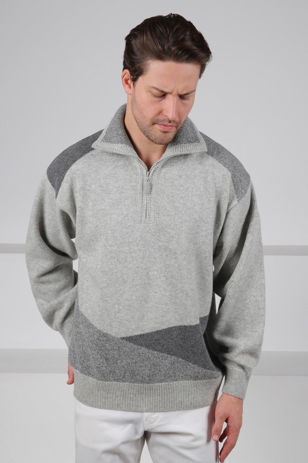 Ferraro A.Gri Balıkçı Yaka Fermuarlı OmuzLarı Renkli Uzun Kollu %100 Kuzu Yünü Erkek Triko Kazak