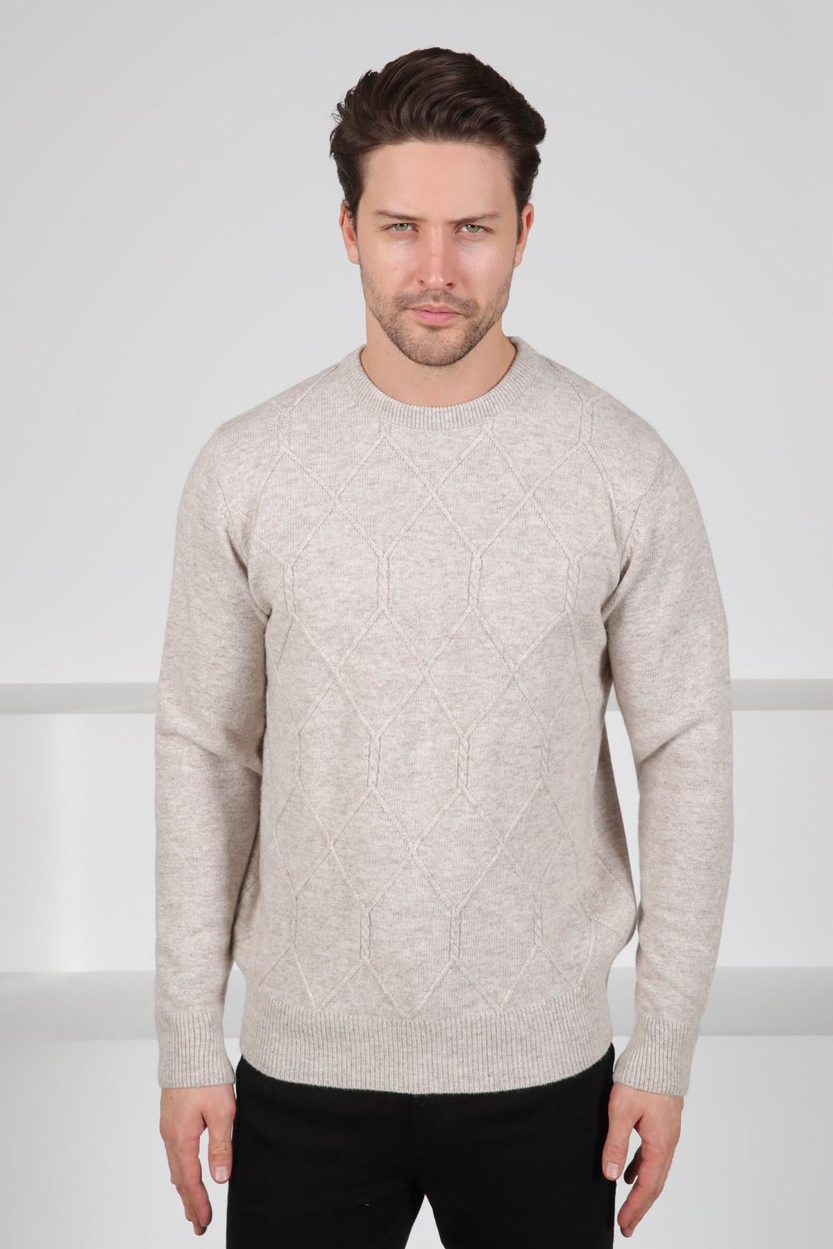 Ferraro A.Bej Bisiklet Yaka Kabartmalı Petek Desenli Uzun Kollu %100 Kuzu Yünü Erkek Triko Kazak