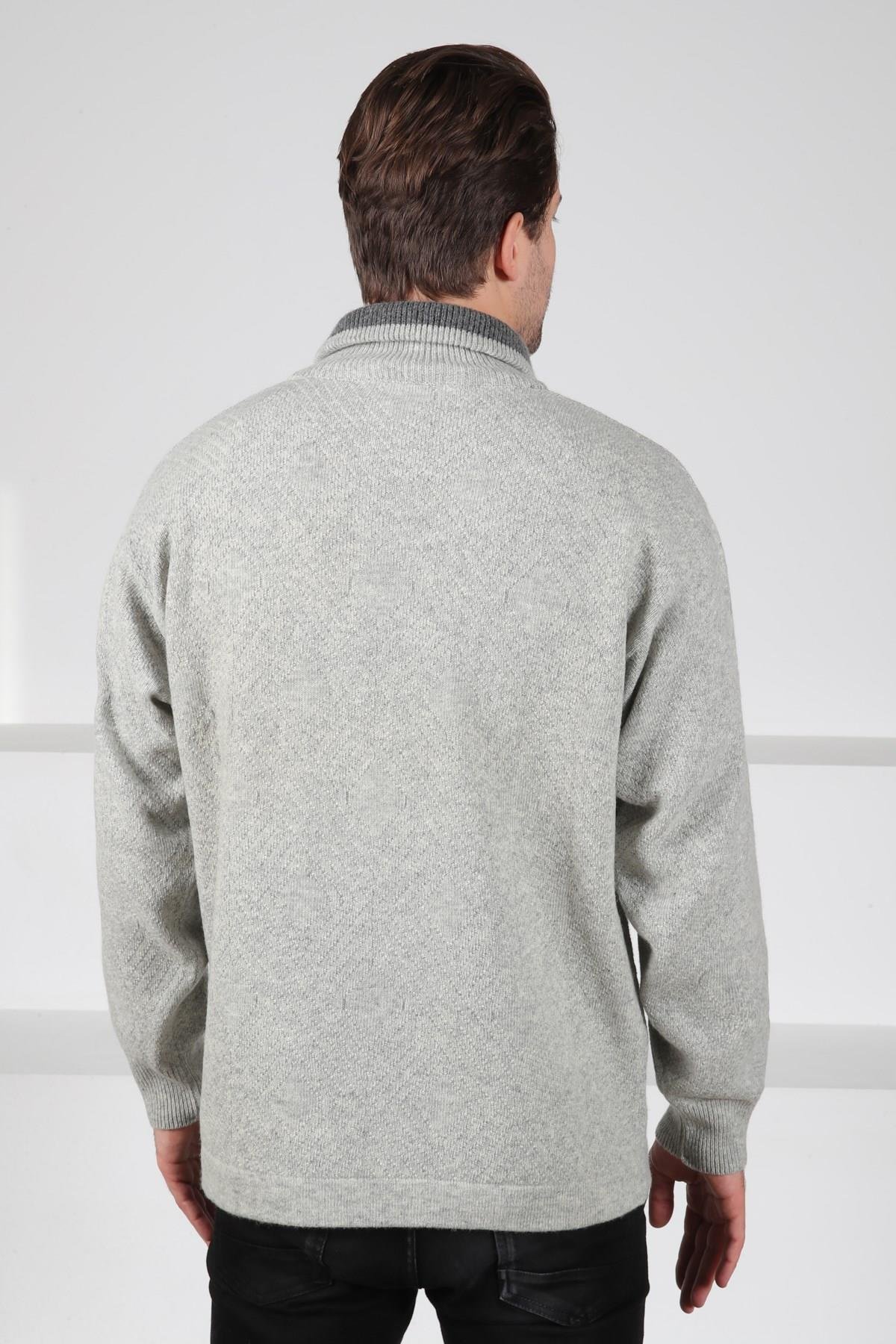Ferraro A.Gri Balıkçı Yaka Fermuarlı Kabartma Desenli Uzun Kollu %100 Kuzu Yünü Erkek Triko Kazak