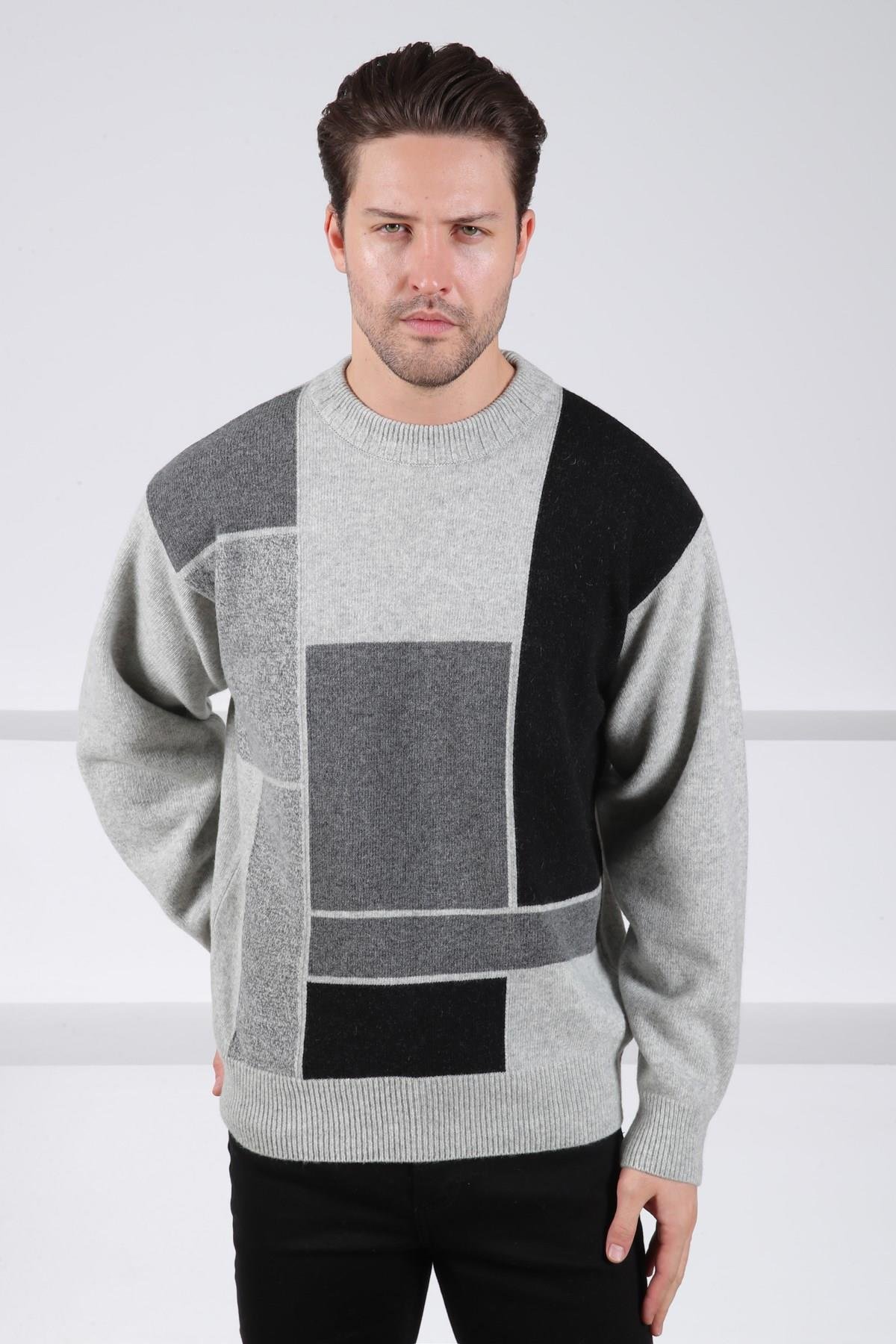 Ferraro A.Gri Bisiklet Yaka Renk Bloklu Uzun Kollu %100 Kuzu Yünü Erkek Triko Kazak