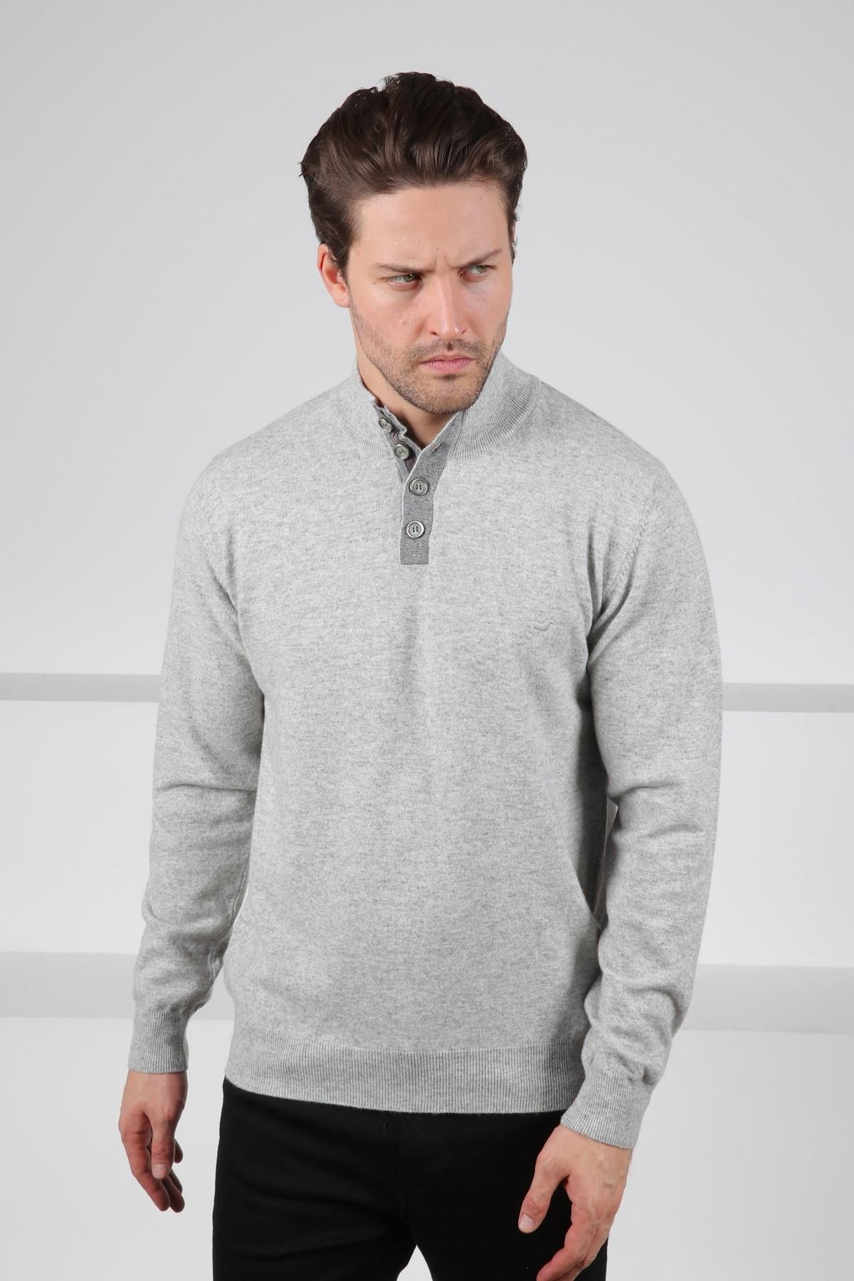 Ferraro A.Gri Düğmeli Yarım Balıkçı Yaka Uzun Kollu %100 Kuzu Yünü Erkek Triko Kazak