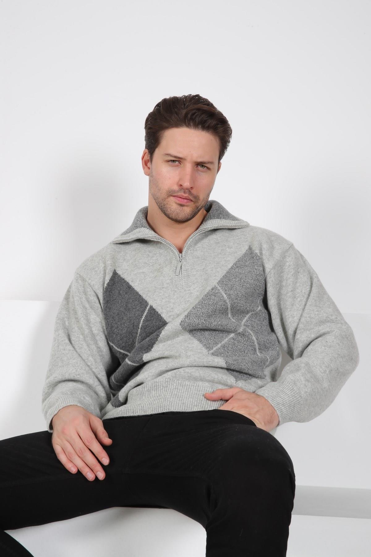 Ferraro A.Gri Balıkçı Yaka Fermuarlı Önü Baklava Desenli Uzun Kollu %100 Kuzu Yünü Erkek Triko Kazak