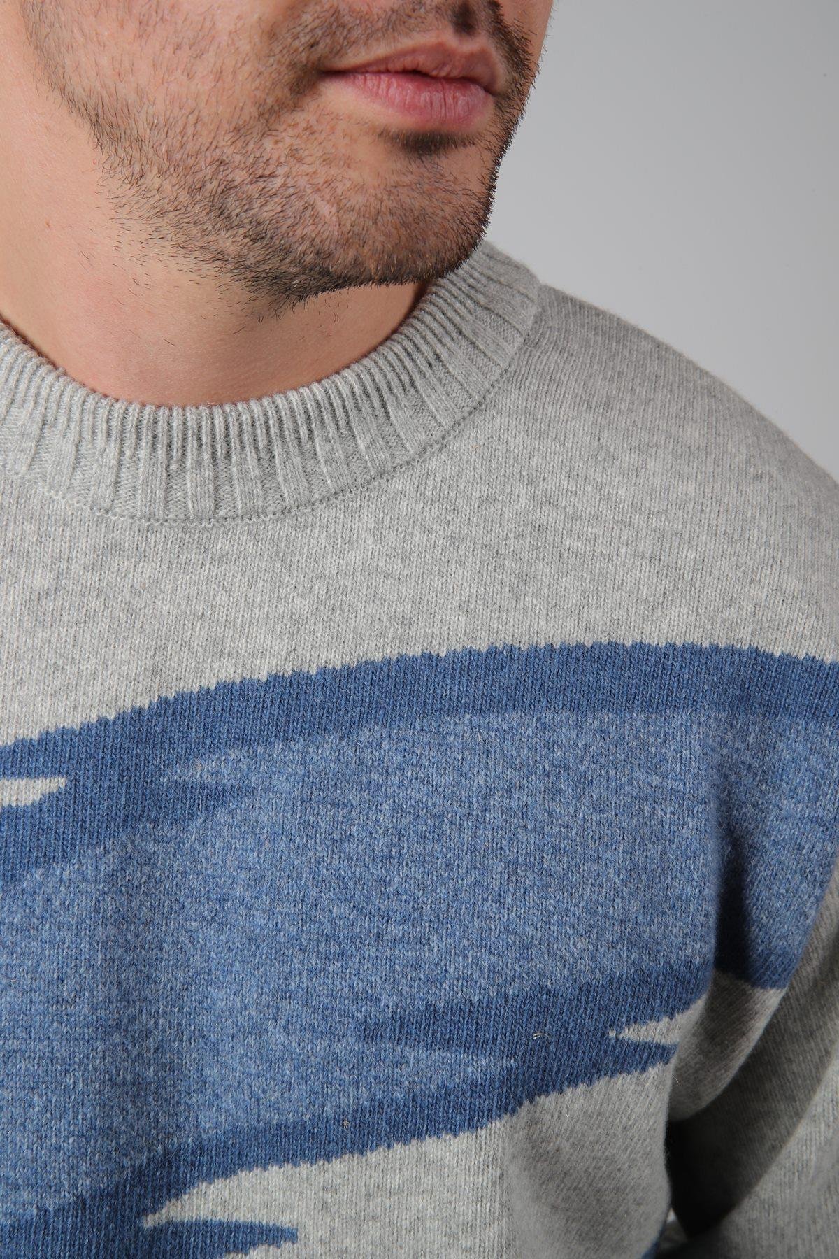 Ferraro A.Gri/Havacı Bisiklet Yaka Renk Bloklu Uzun Kollu %100 Kuzu Yünü Erkek Triko Kazak