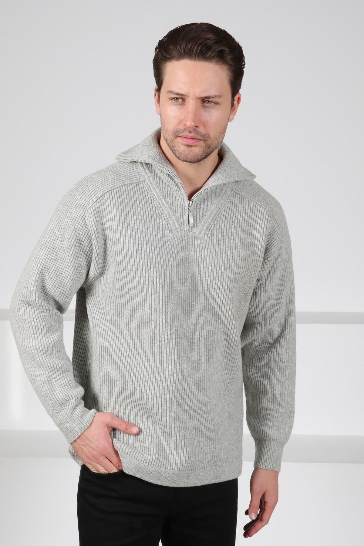 Ferraro A.Gri Balıkçı Yaka Fermuarlı Fitilli Uzun Kollu %100 Kuzu Yünü Erkek Triko Kazak