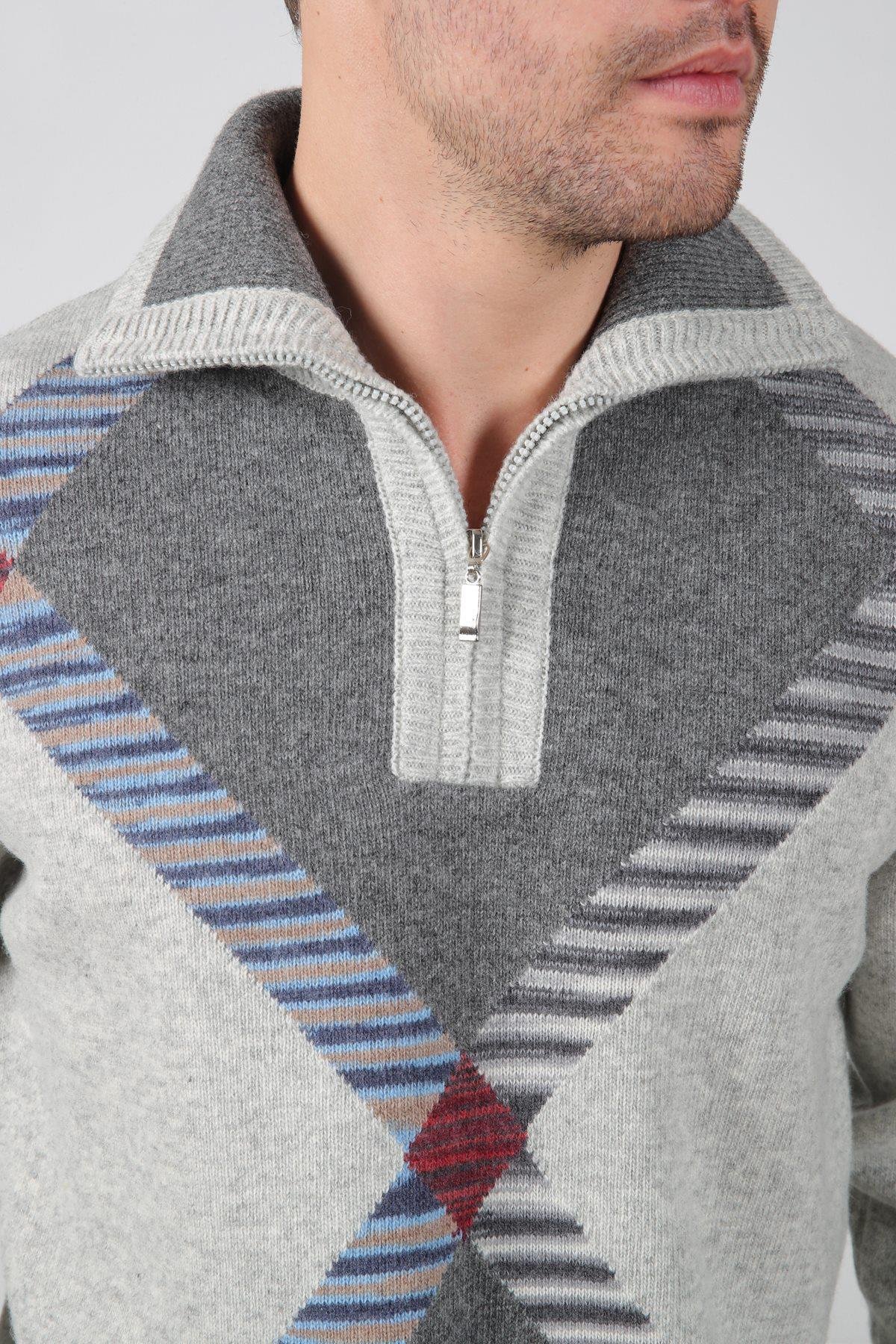 Ferraro A.Gri Balıkçı Yaka Fermuarlı Geometrik Desenli Uzun Kollu %100 Kuzu Yünü Erkek Triko Kazak