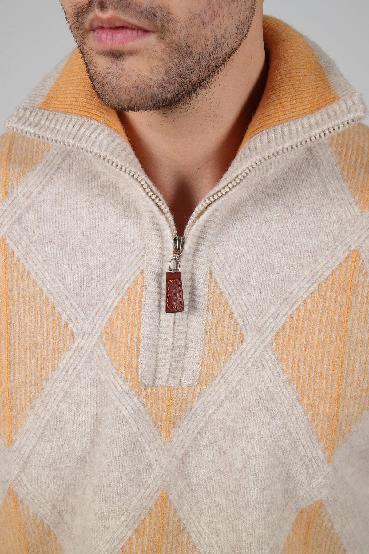 Ferraro A.Bej/Hardal Balıkçı Yaka Fermuarlı Baklava Desenli Uzun Kollu %100 Kuzu Yünü Erkek Triko Kazak