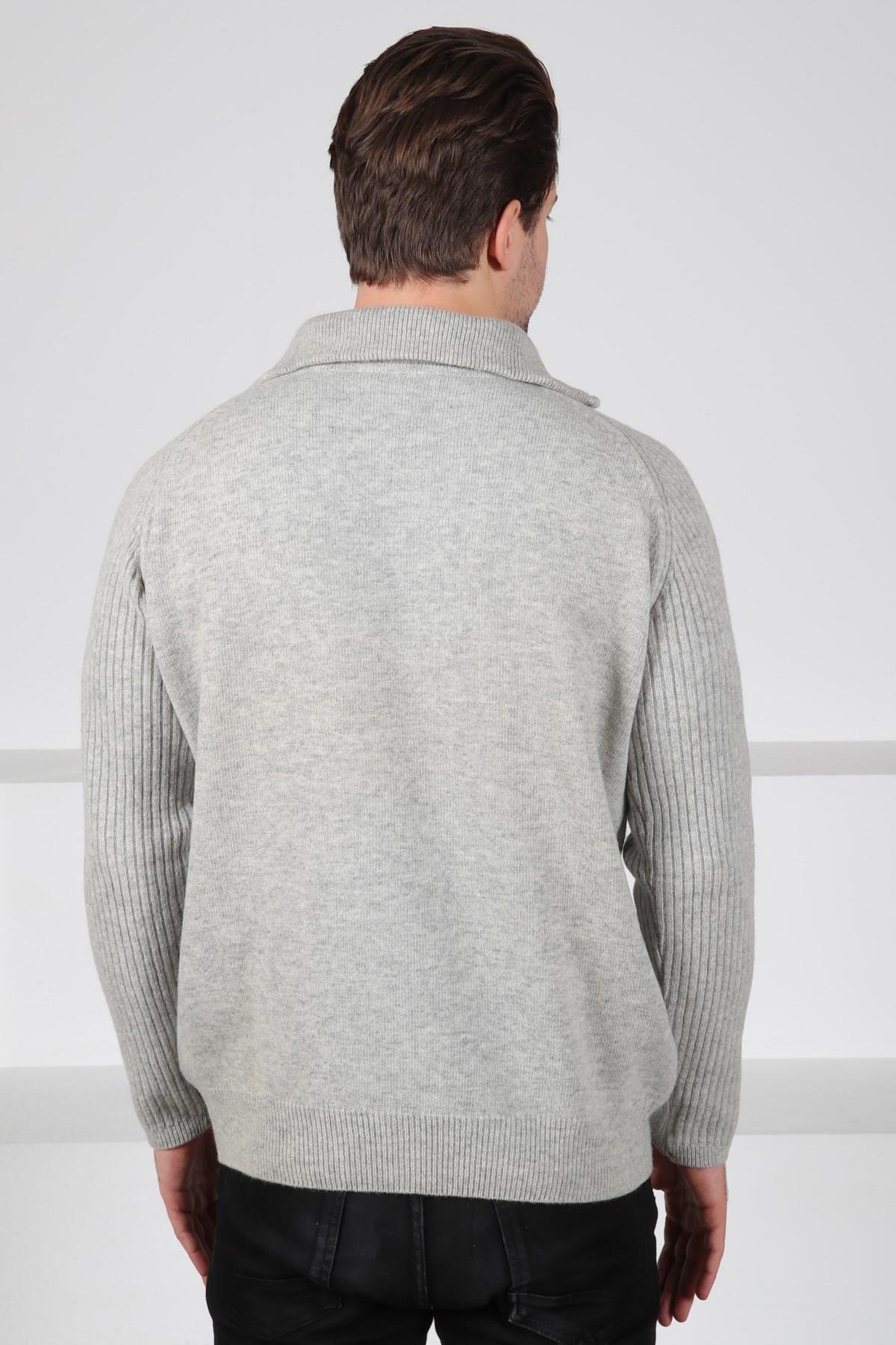 Ferraro A.Gri Balıkçı Yaka Fermuarlı Kolları Fitilli Uzun Kollu Kuzu Yünü Karışımlı Erkek Triko Kazak