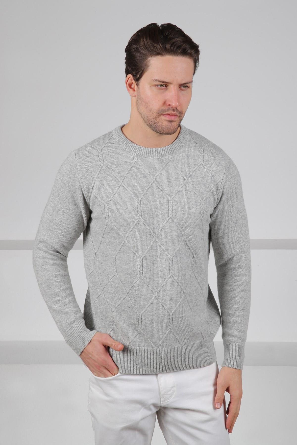 Ferraro A.Gri Bisiklet Yaka Kabartmalı Petek Desenli Uzun Kollu %100 Kuzu Yünü Erkek Triko Kazak