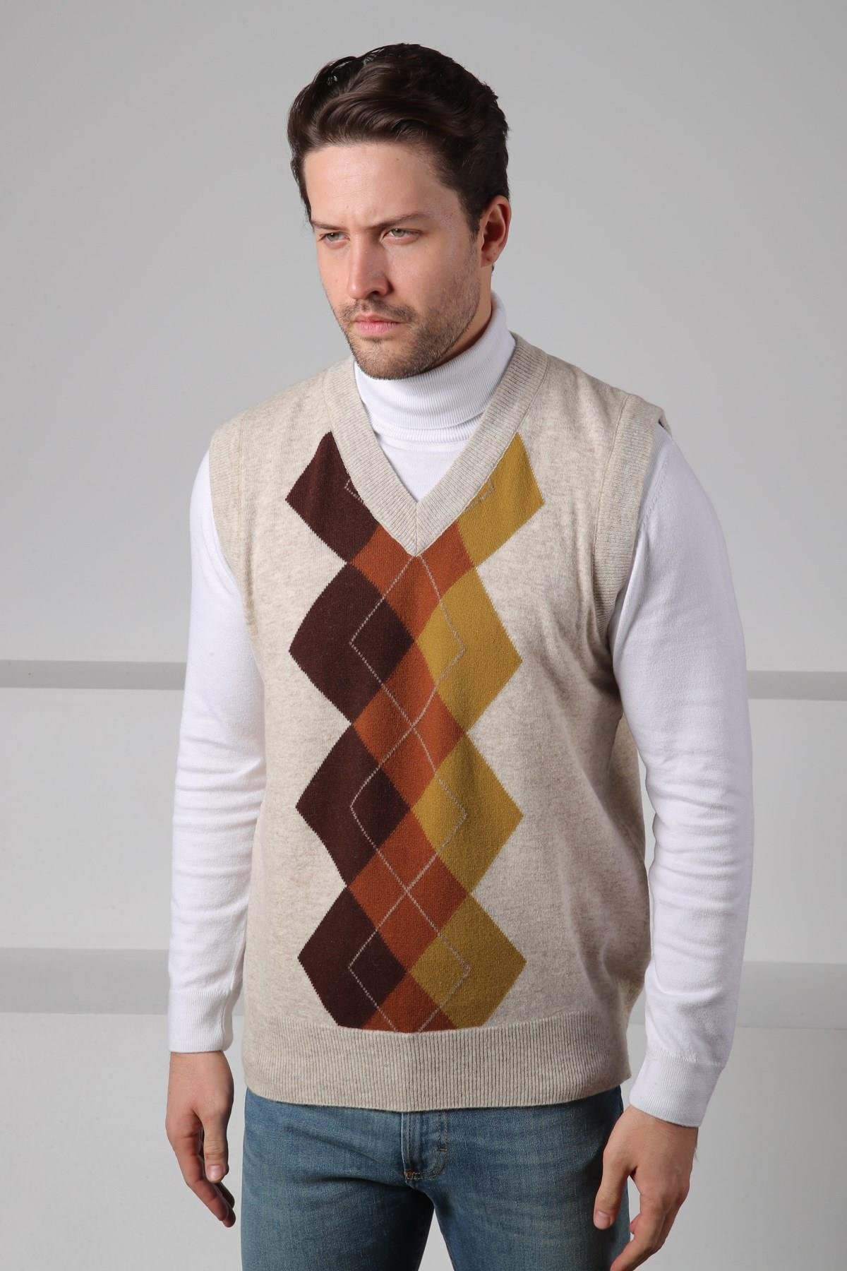 Ferraro A.Bej/Kahve V Yaka Diyagonal Desenli Uzun Kollu %100 Kuzu Yünü Erkek Triko Süveter