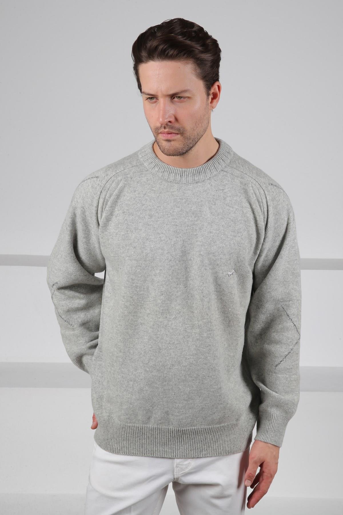 Ferraro A.Gri Bisiklet Yaka Önü Düz Kolları Çizgi Detaylı Uzun Kollu %100 Kuzu Yünü Erkek Triko Kazak