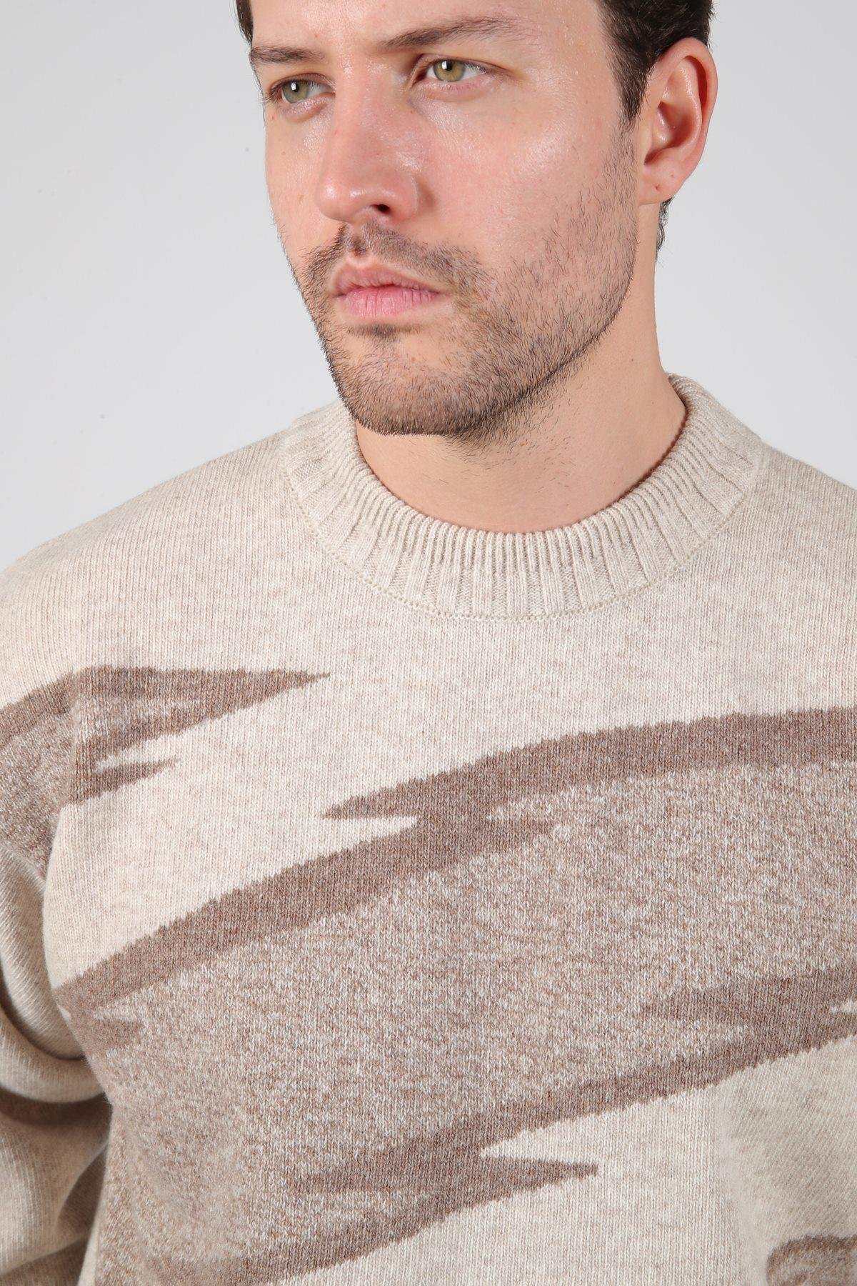 Ferraro A.Bej/Kahve Bisiklet Yaka Renk Bloklu Uzun Kollu %100 Kuzu Yünü Erkek Triko Kazak