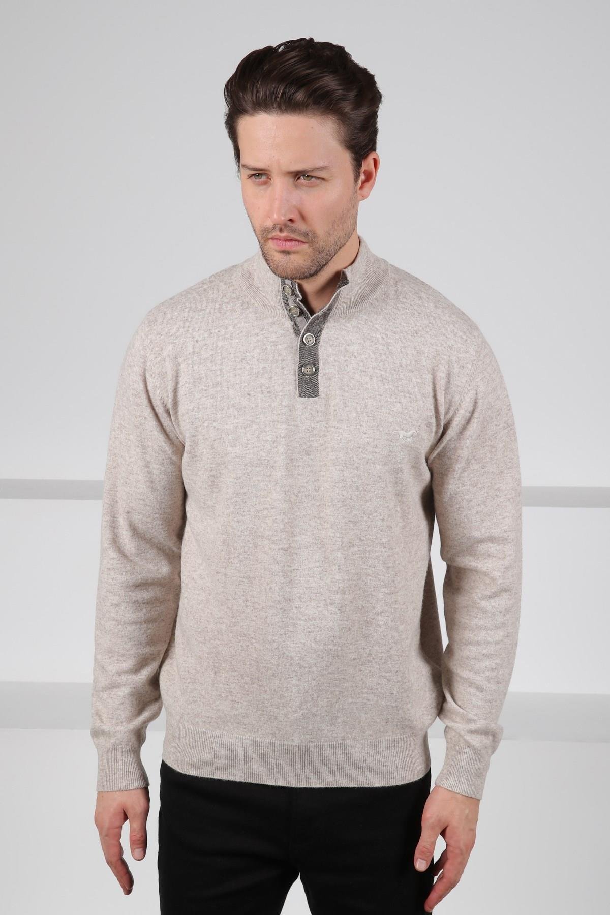 Ferraro A.Bej Düğmeli Yarım Balıkçı Yaka Uzun Kollu %100 Kuzu Yünü Erkek Triko Kazak