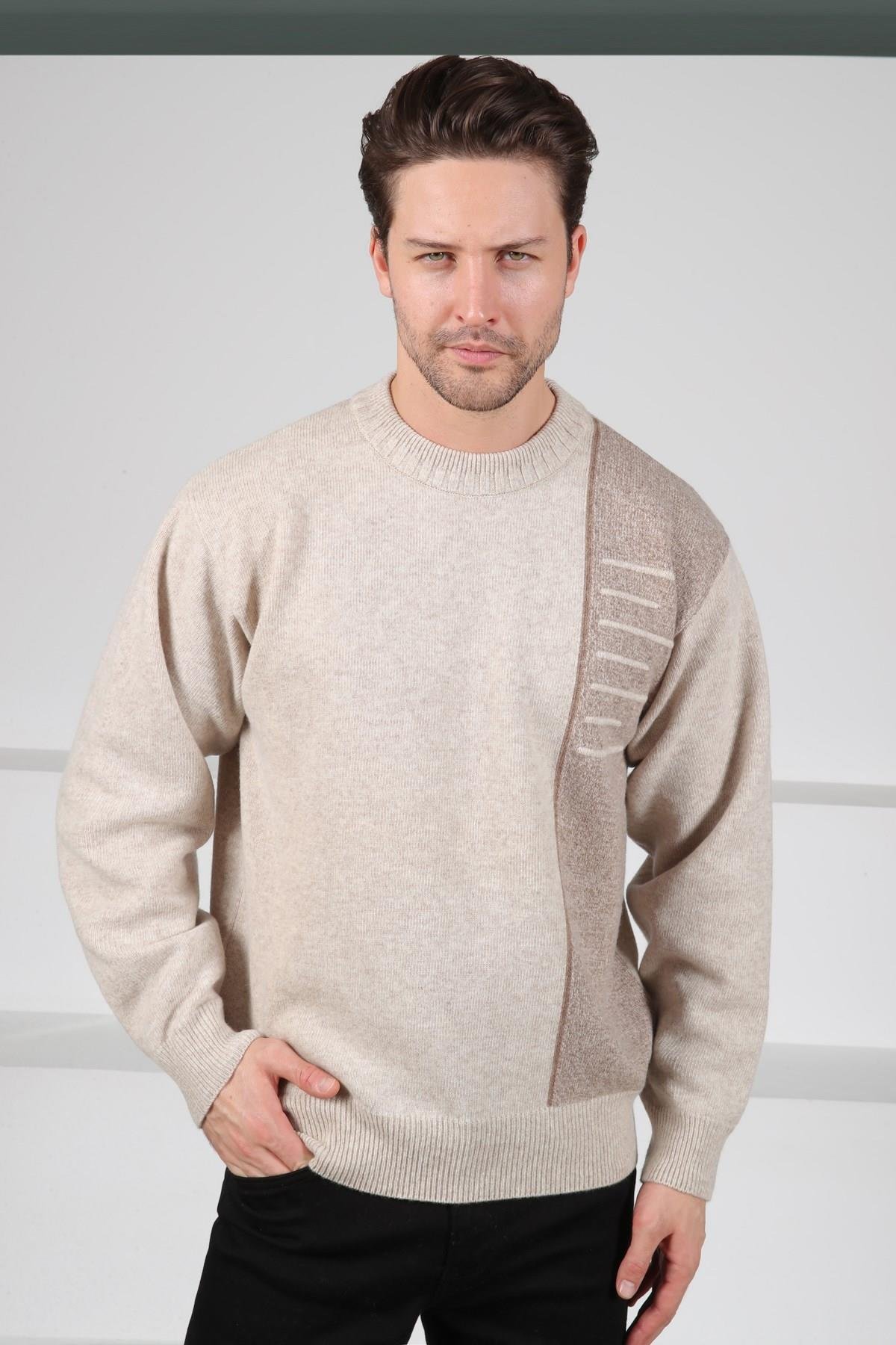 Ferraro A.Bej Bisiklet Yaka Çizgi Detaylı Uzun Kollu %100 Kuzu Yünü Erkek Triko Kazak