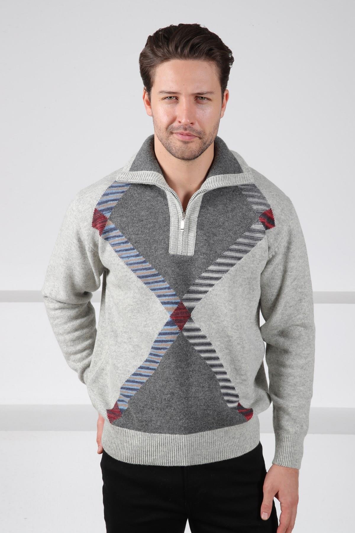Ferraro A.Gri Balıkçı Yaka Fermuarlı Geometrik Desenli Uzun Kollu %100 Kuzu Yünü Erkek Triko Kazak