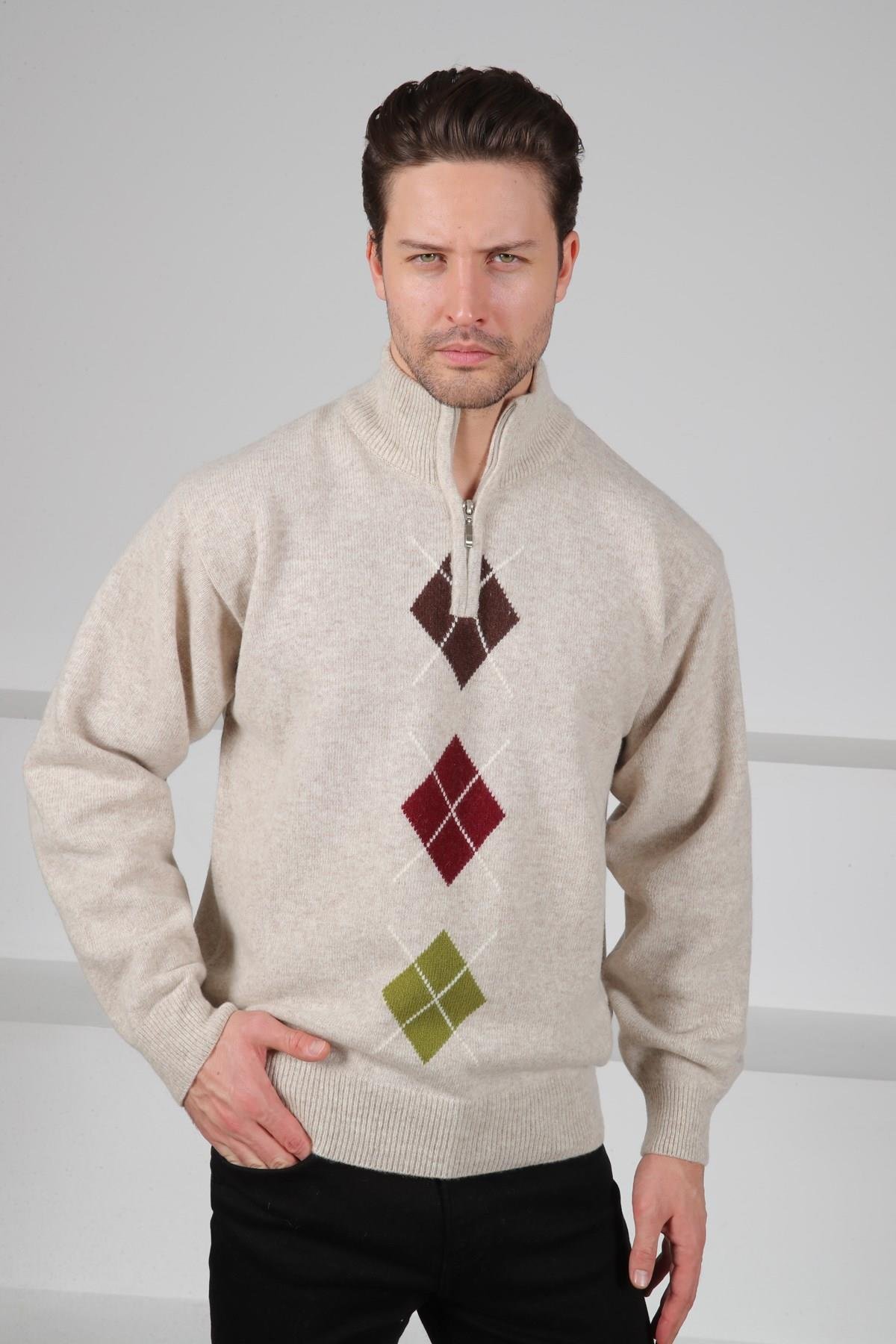 Ferraro A.Bej/Kahve Balıkçı Yaka Fermuarlı Kahve Bordo Desenli Uzun Kollu %100 Kuzu Yünü Erkek Triko Kazak