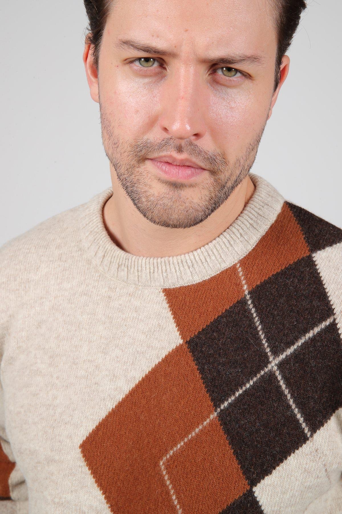 Ferraro A.Bej/Kahve Bisiklet Yaka Diyagonal Desenli Uzun Kollu %100 Kuzu Yünü Erkek Triko Kazak