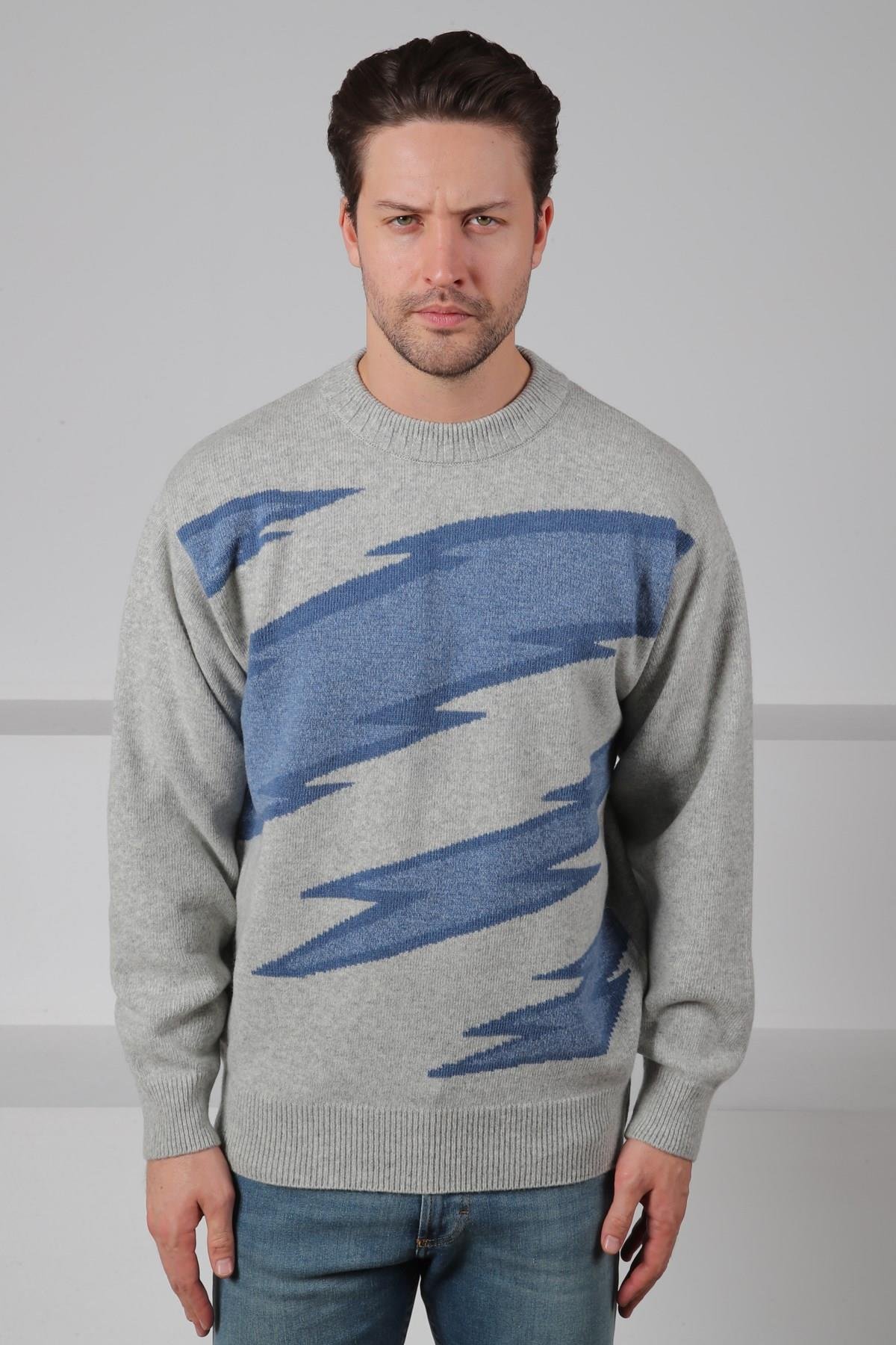 Ferraro A.Gri/Havacı Bisiklet Yaka Renk Bloklu Uzun Kollu %100 Kuzu Yünü Erkek Triko Kazak