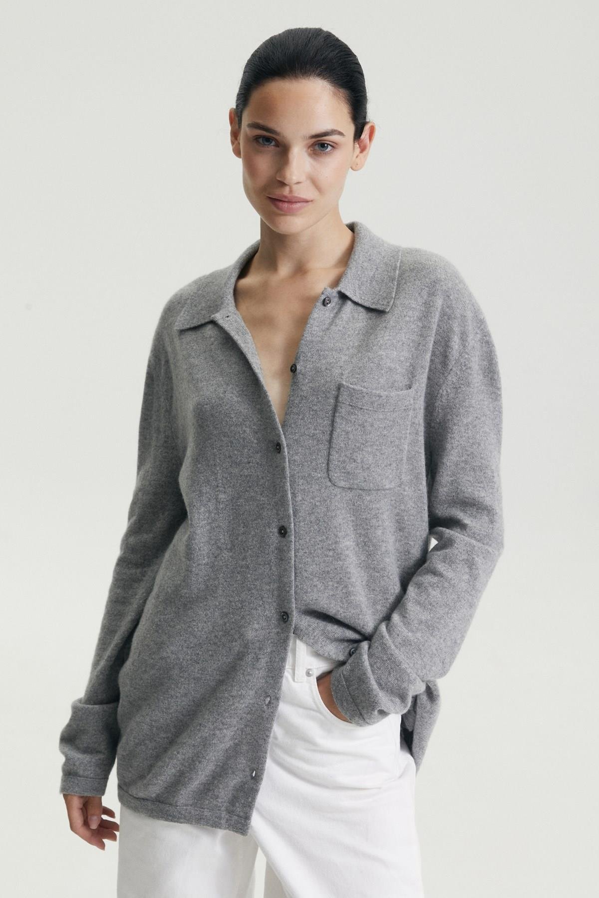 Ferraro A.Gri %100 Cashmere Gömlek Yaka Düğmeli Kadın Triko Ceket