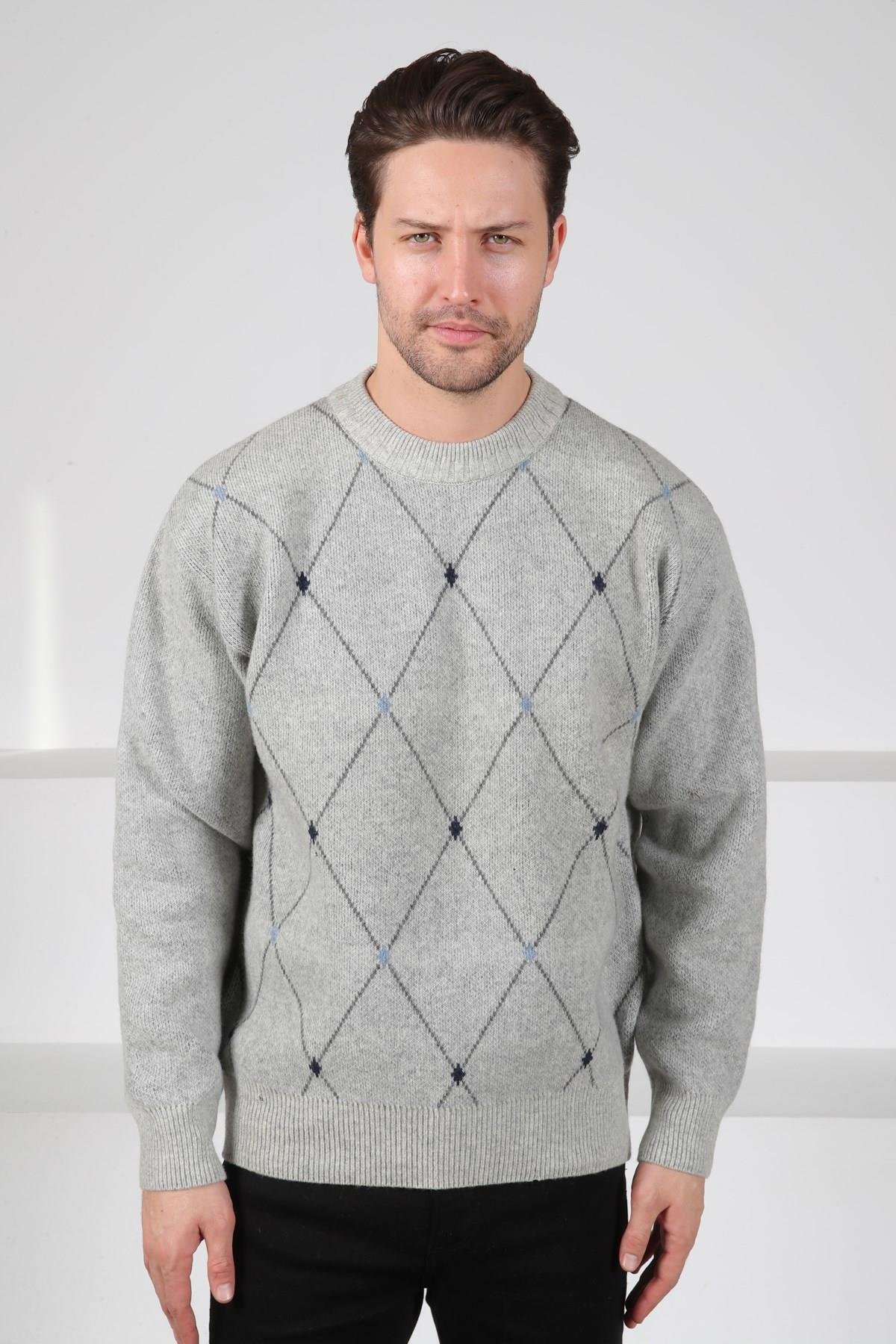 Ferraro A.Gri Bisiklet Yaka Geometrik Baklava Desenli Uzun Kollu %100 Kuzu Yünü Erkek Triko Kazak