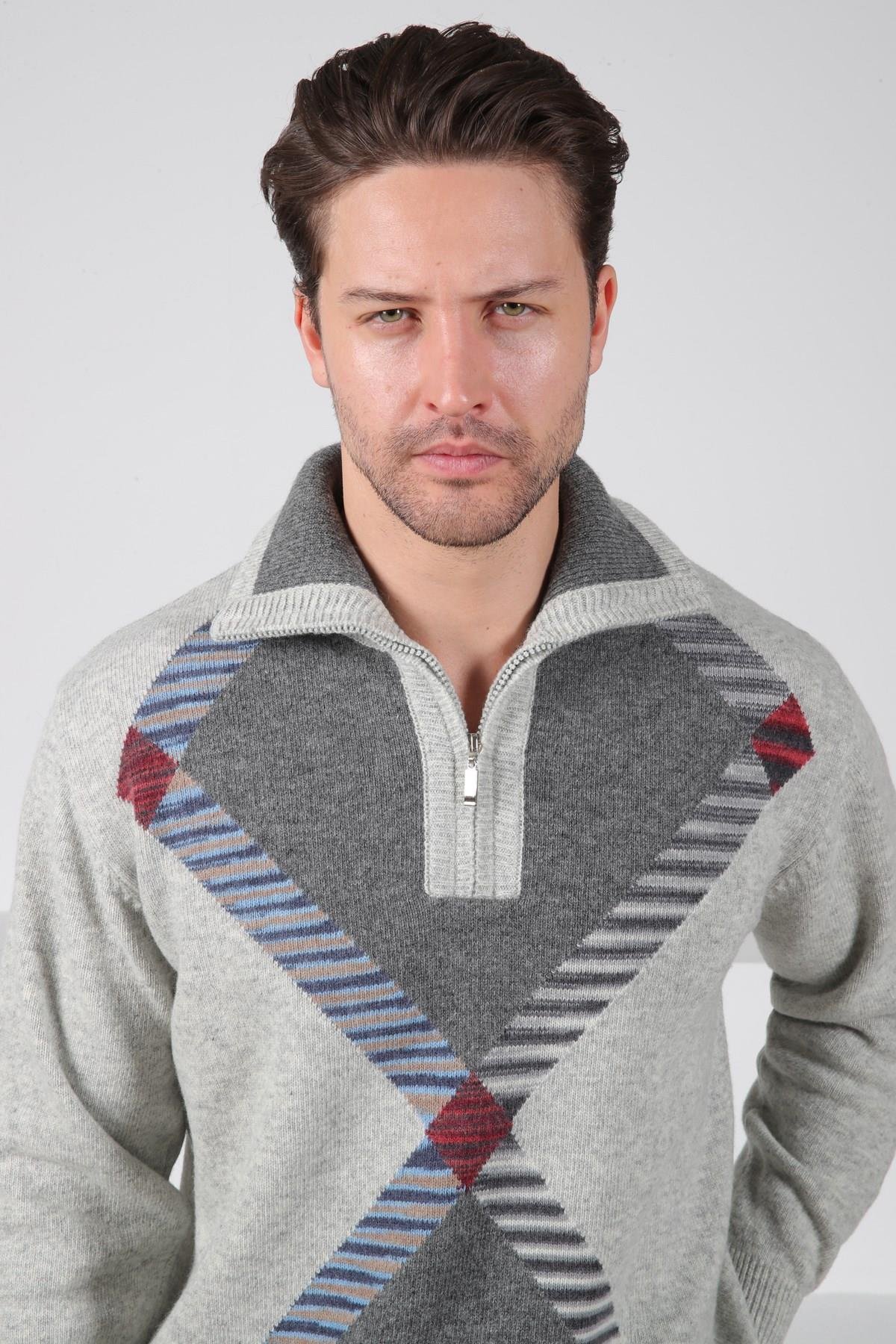Ferraro A.Gri Balıkçı Yaka Fermuarlı Geometrik Desenli Uzun Kollu %100 Kuzu Yünü Erkek Triko Kazak
