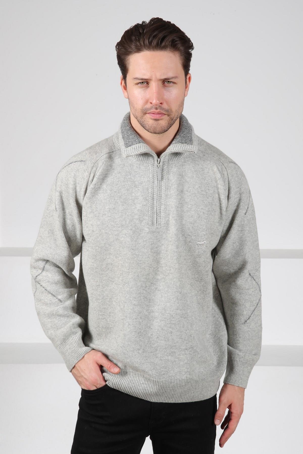 Ferraro A.Gri Balıkçı Yaka Fermuarlı Önü Düz Kolları Çizgi Detaylı Uzun Kollu %100 Kuzu Yünü Erkek Triko Kazak