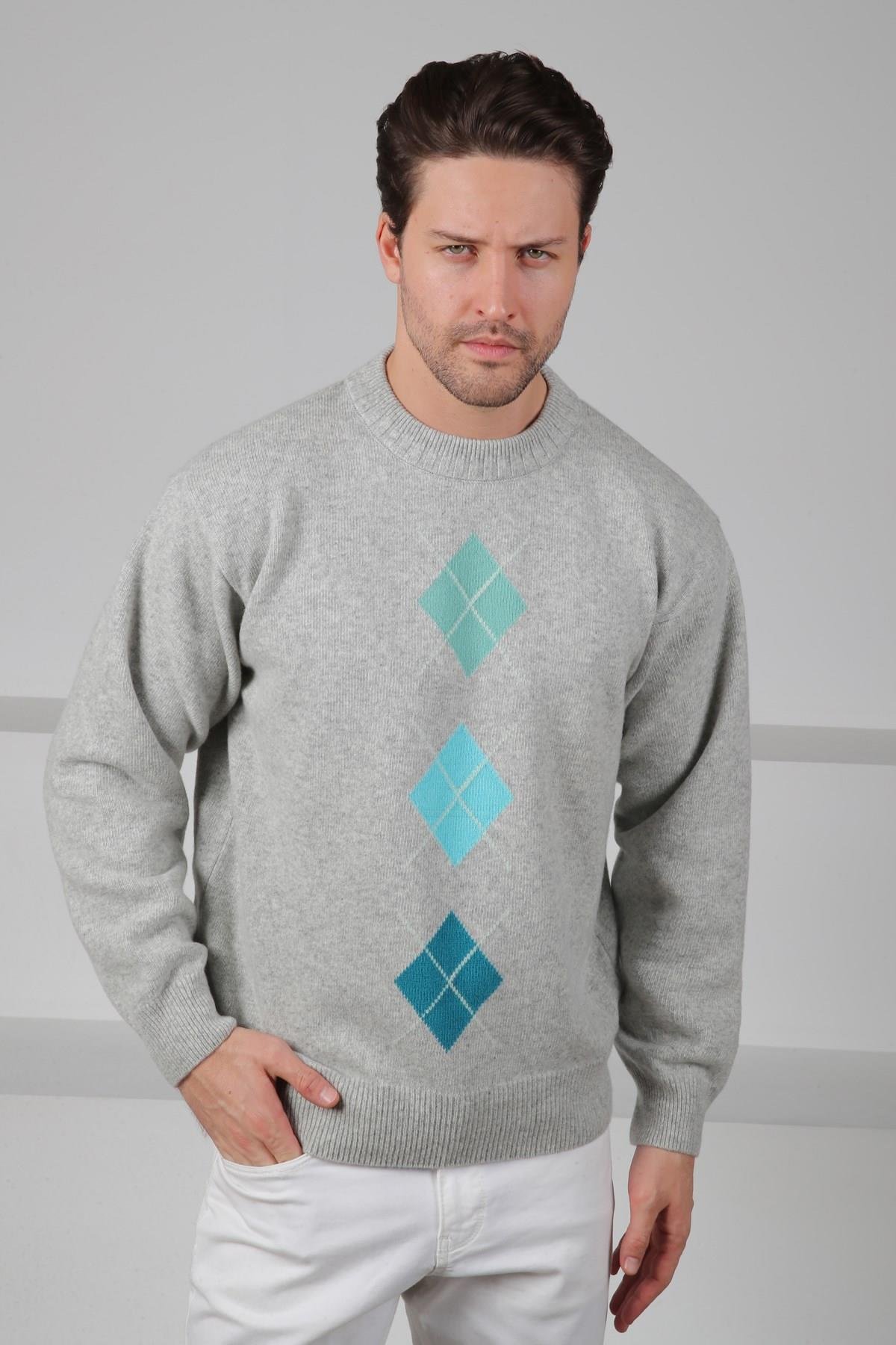 Ferraro A.Gri/Turkuaz Bisiklet Yaka Turkuaz Mint Yeşili Desenli Uzun Kollu %100 Kuzu Yünü Erkek Triko Kazak