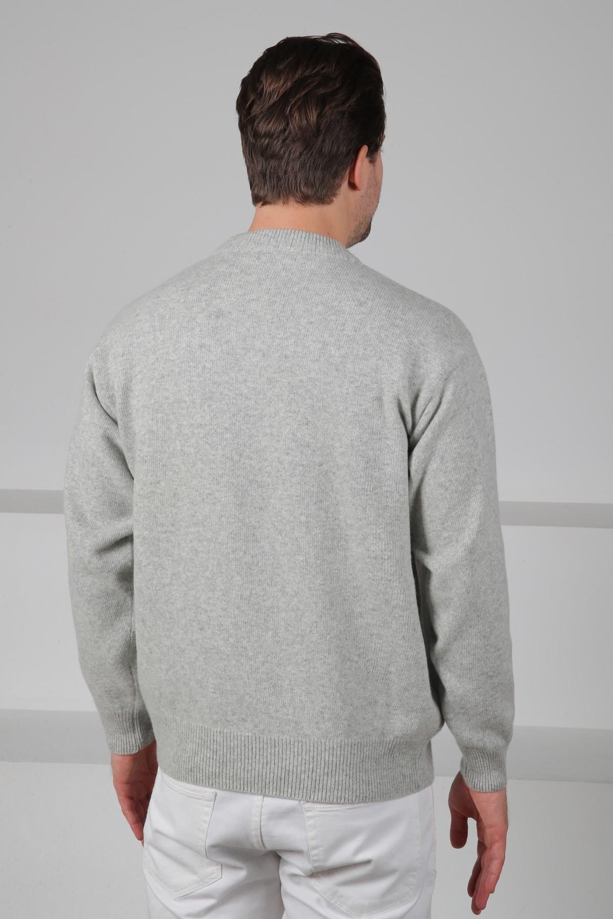 Ferraro A.Gri/Turkuaz Bisiklet Yaka Turkuaz Mint Yeşili Desenli Uzun Kollu %100 Kuzu Yünü Erkek Triko Kazak