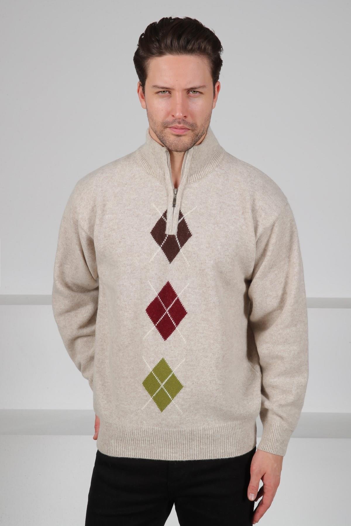 Ferraro A.Bej/Kahve Balıkçı Yaka Fermuarlı Kahve Bordo Desenli Uzun Kollu %100 Kuzu Yünü Erkek Triko Kazak