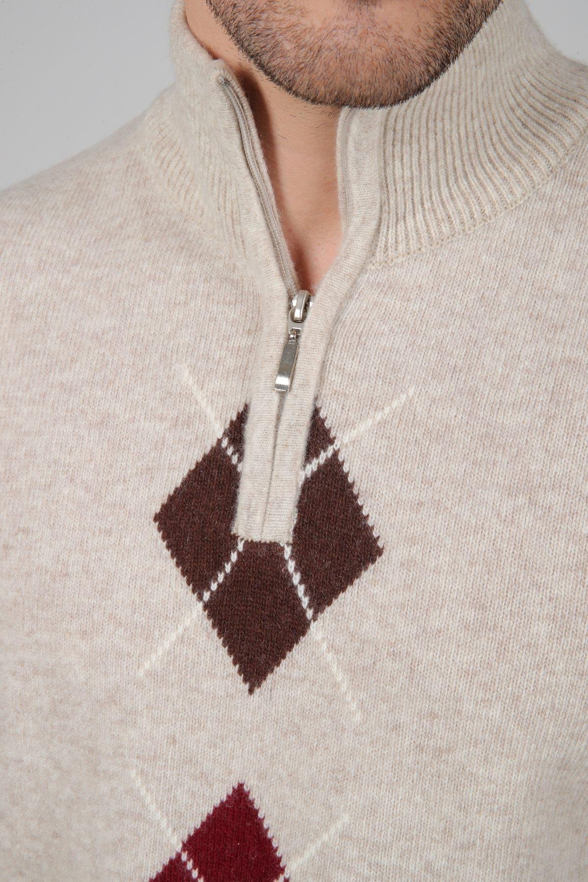Ferraro A.Bej/Kahve Balıkçı Yaka Fermuarlı Kahve Bordo Desenli Uzun Kollu %100 Kuzu Yünü Erkek Triko Kazak