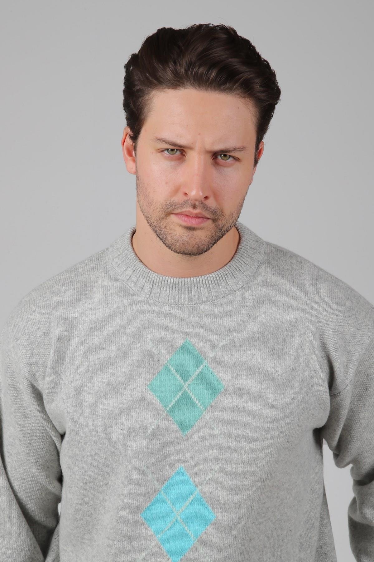 Ferraro A.Gri/Turkuaz Bisiklet Yaka Turkuaz Mint Yeşili Desenli Uzun Kollu %100 Kuzu Yünü Erkek Triko Kazak