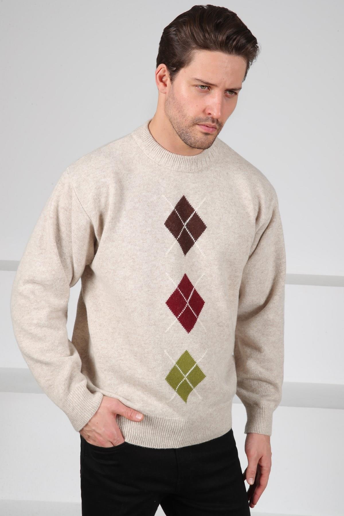 Ferraro A.Bej/Kahve Bisiklet Yaka Kahve Bordo Desenli Uzun Kollu %100 Kuzu Yünü Erkek Triko Kazak