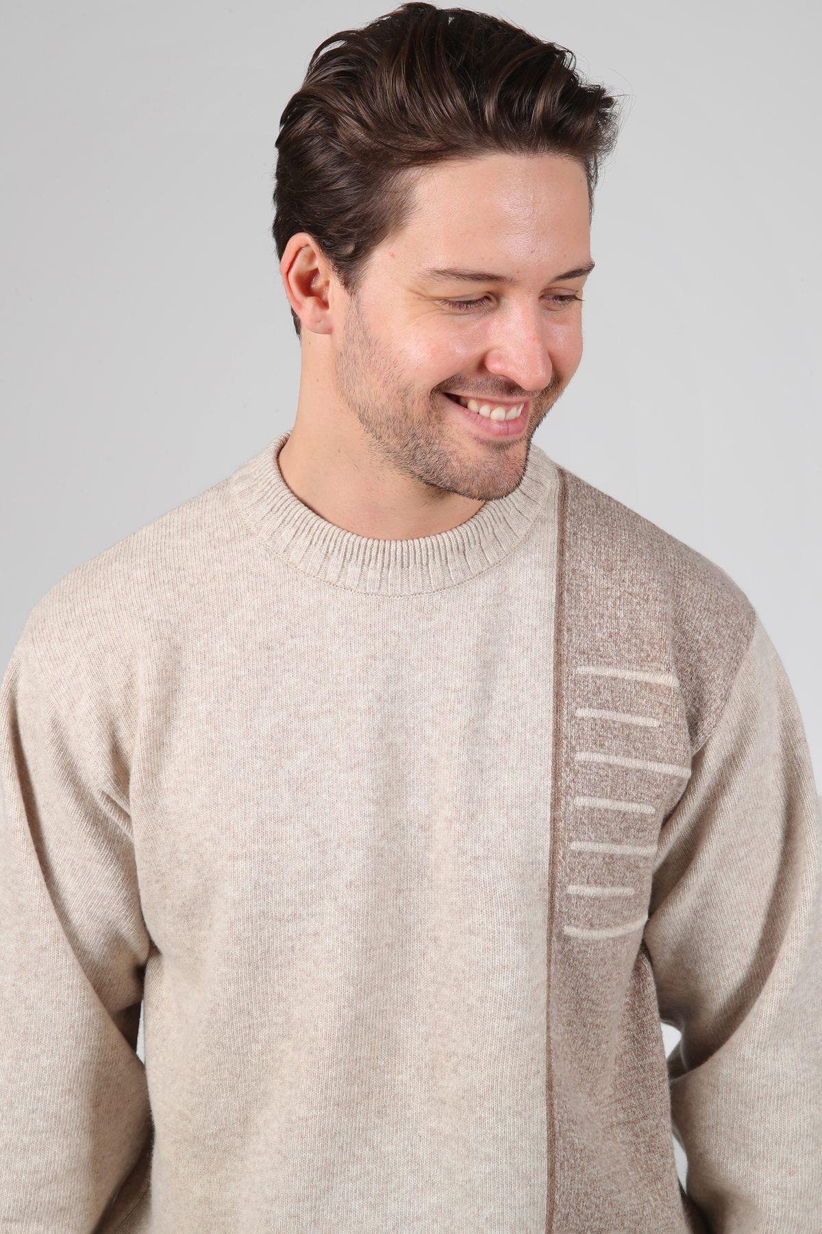 Ferraro A.Bej Bisiklet Yaka Çizgi Detaylı Uzun Kollu %100 Kuzu Yünü Erkek Triko Kazak
