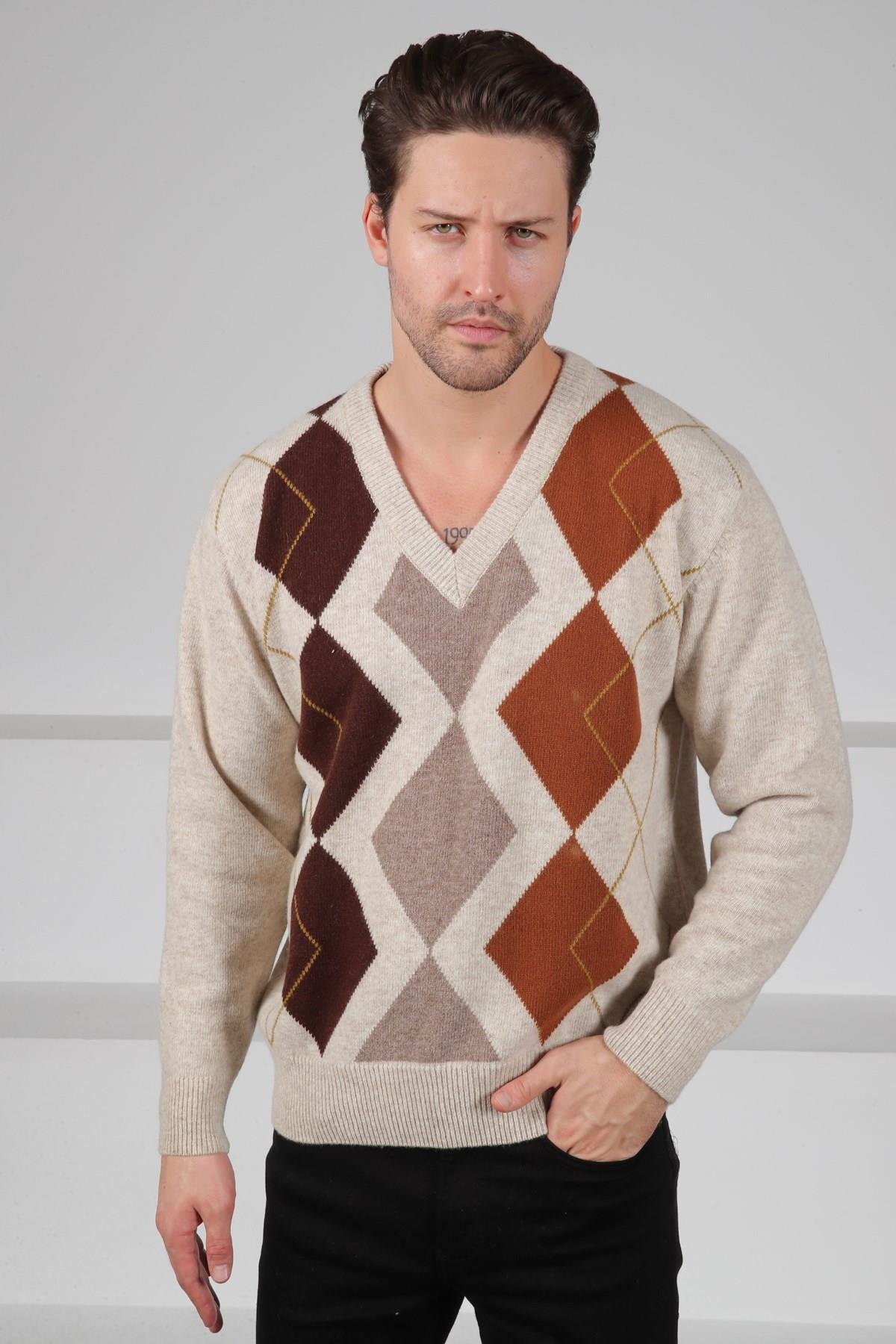 Ferraro A.Bej Baklava Desenli V Yaka Uzun Kollu %100 Kuzu Yünü Erkek Triko Kazak