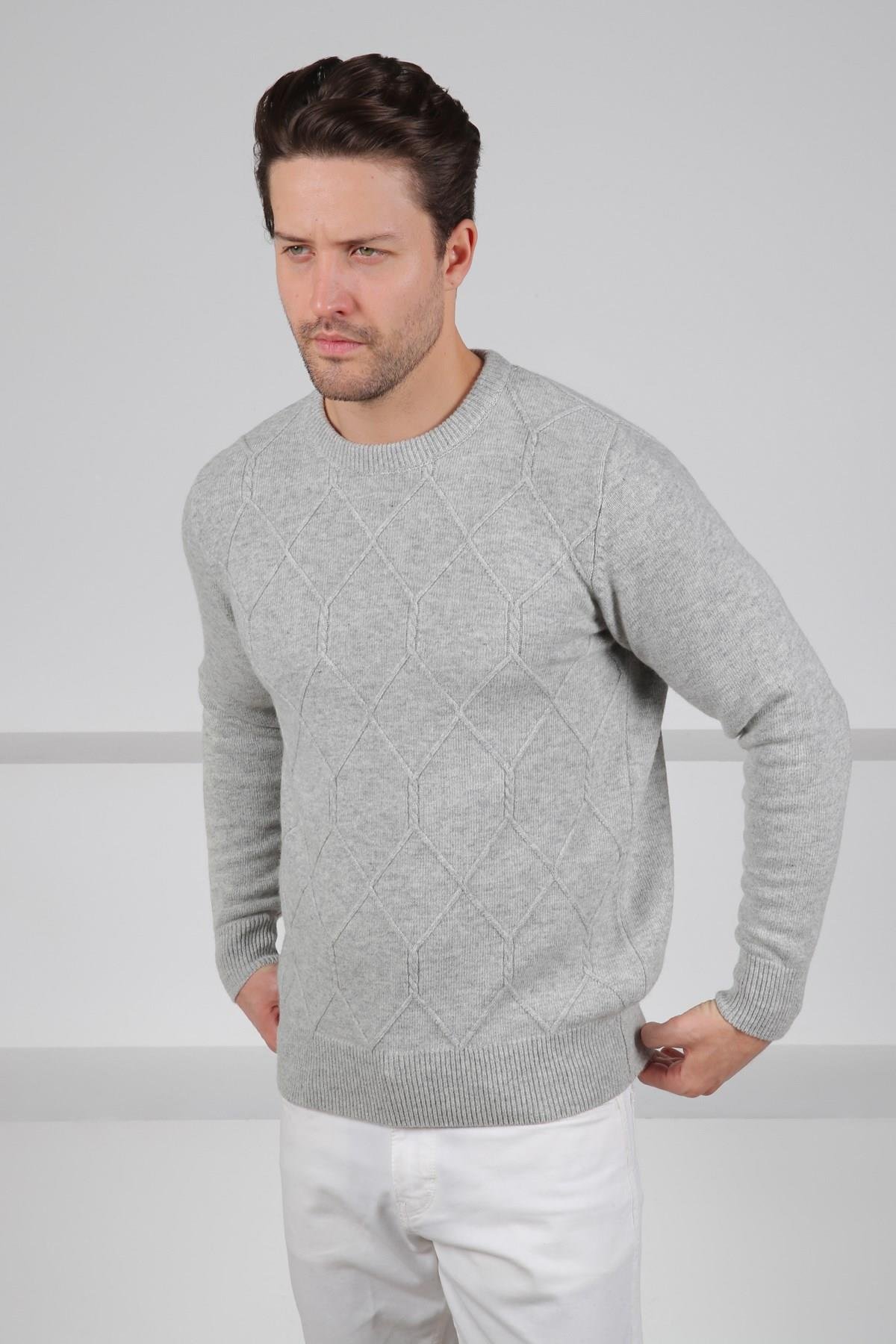 Ferraro A.Gri Bisiklet Yaka Kabartmalı Petek Desenli Uzun Kollu %100 Kuzu Yünü Erkek Triko Kazak
