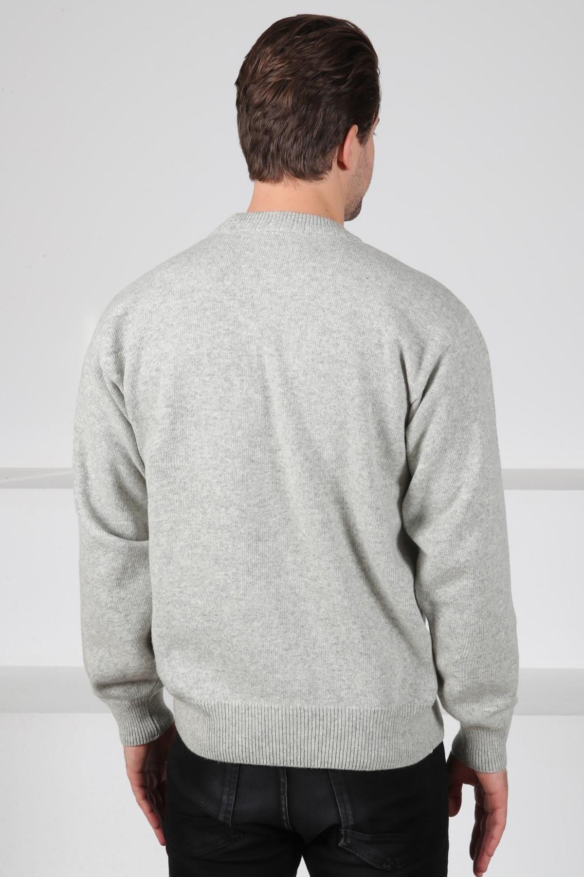 Ferraro A.Gri/Füme Bisiklet Yaka Geometrik Zigzag Desenli Uzun Kollu %100 Kuzu Yünü Erkek Triko Kazak